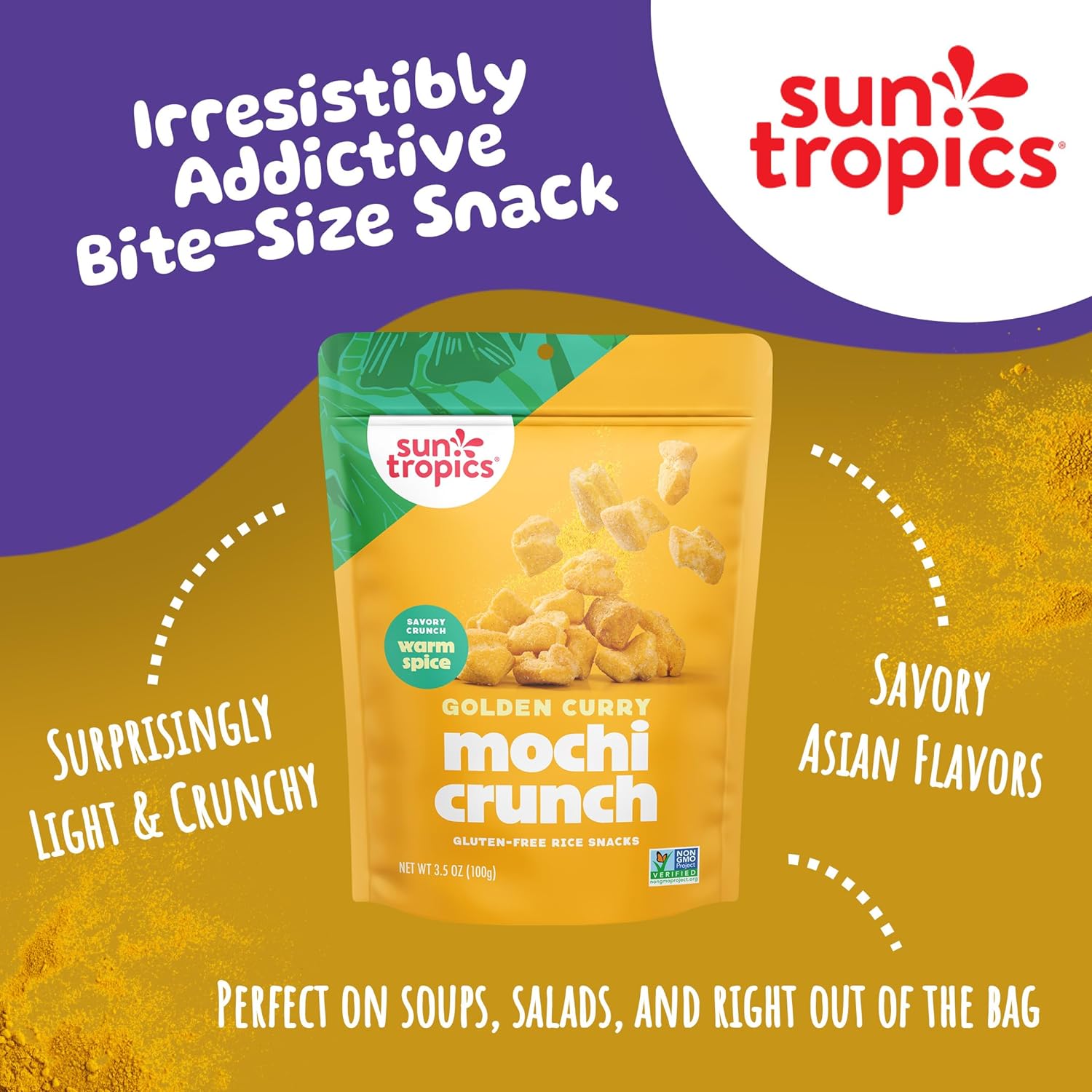 Sun Tropics Mochi Snack Bites, Golden Curry Flavor- 3.5 oz (1 Pack) | Crispy Crunchy Bites, Rice Nuggets | Mochi Puff Rice Crackers- Gluten Free & Dairy Free- No MSG Added | Asian Rice Snacks