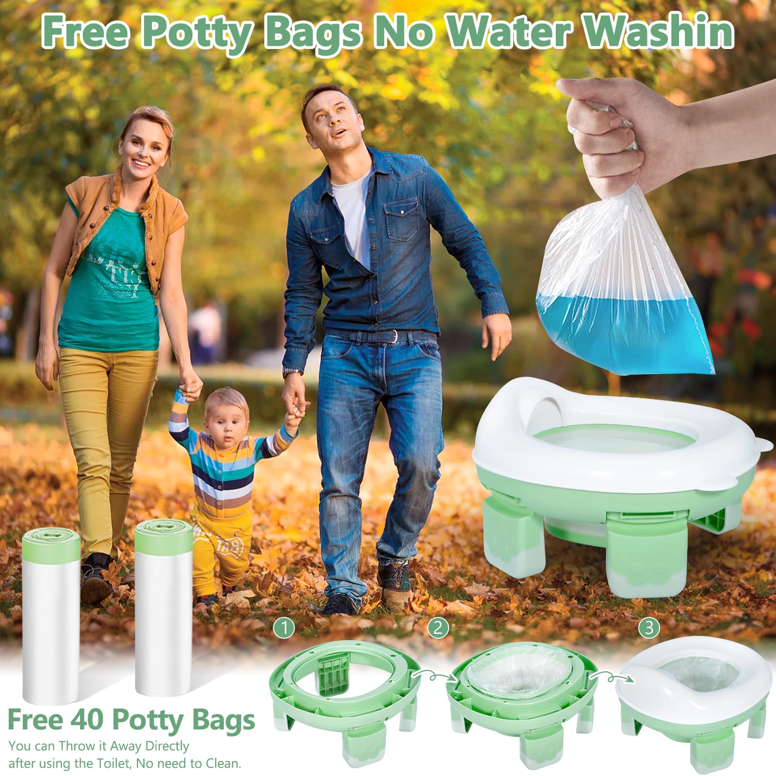 Pot Pliable Portable Enfant Voyage, Pot de Voyage Enfant, Pot Bebe Toilette Portable Enfant, avec 40 Sac, Potty Training Seat, Toilette Pot WC Enfant, pour Voyage, Camping,Voiture,Extérieur