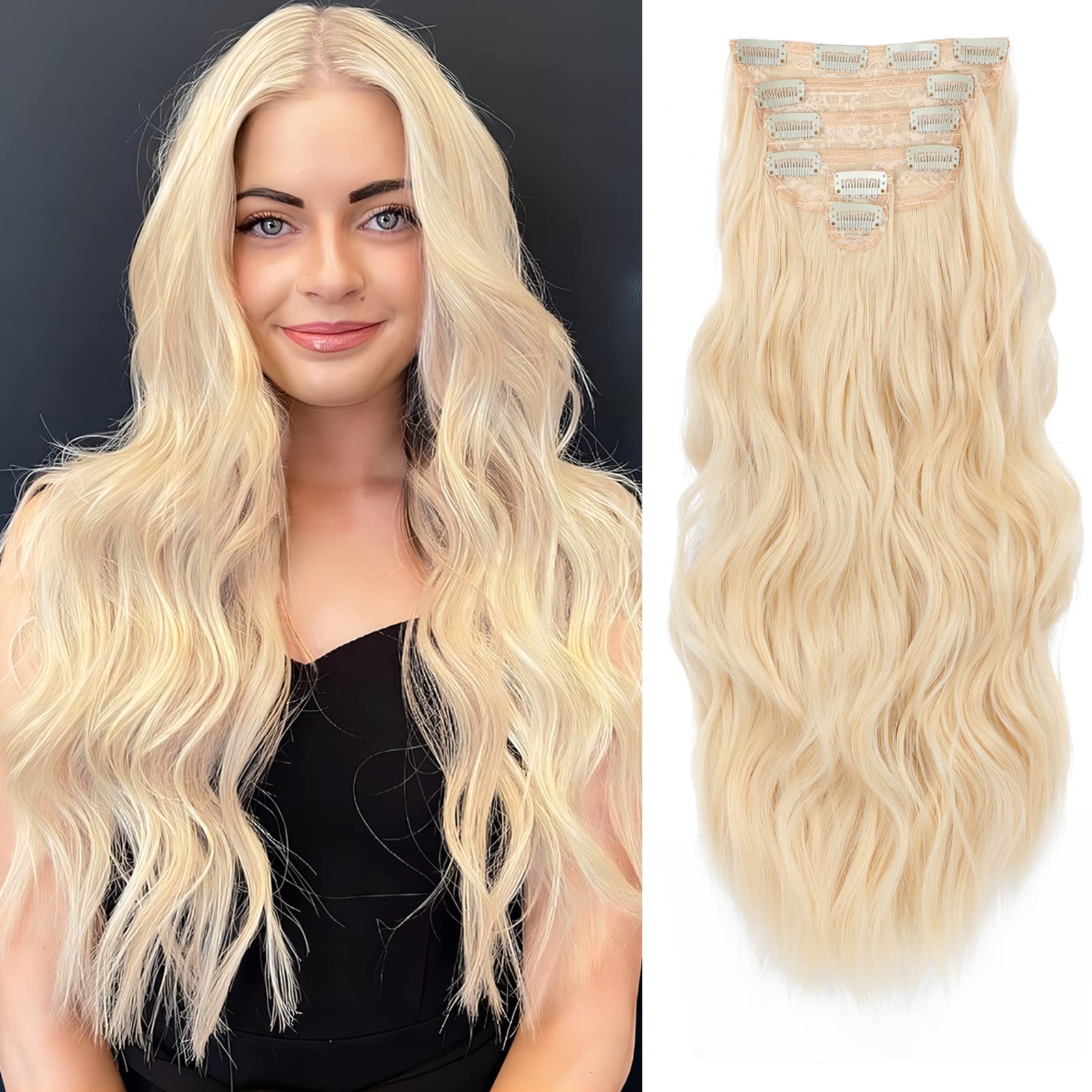 NAYOO Clip in Hair Extensions for Women 20 Inch Long Wavy Curly Light Blonde Hair Extension Full Head Synthetic Hair Extension Hairpieces (6PCS, Light Blonde)