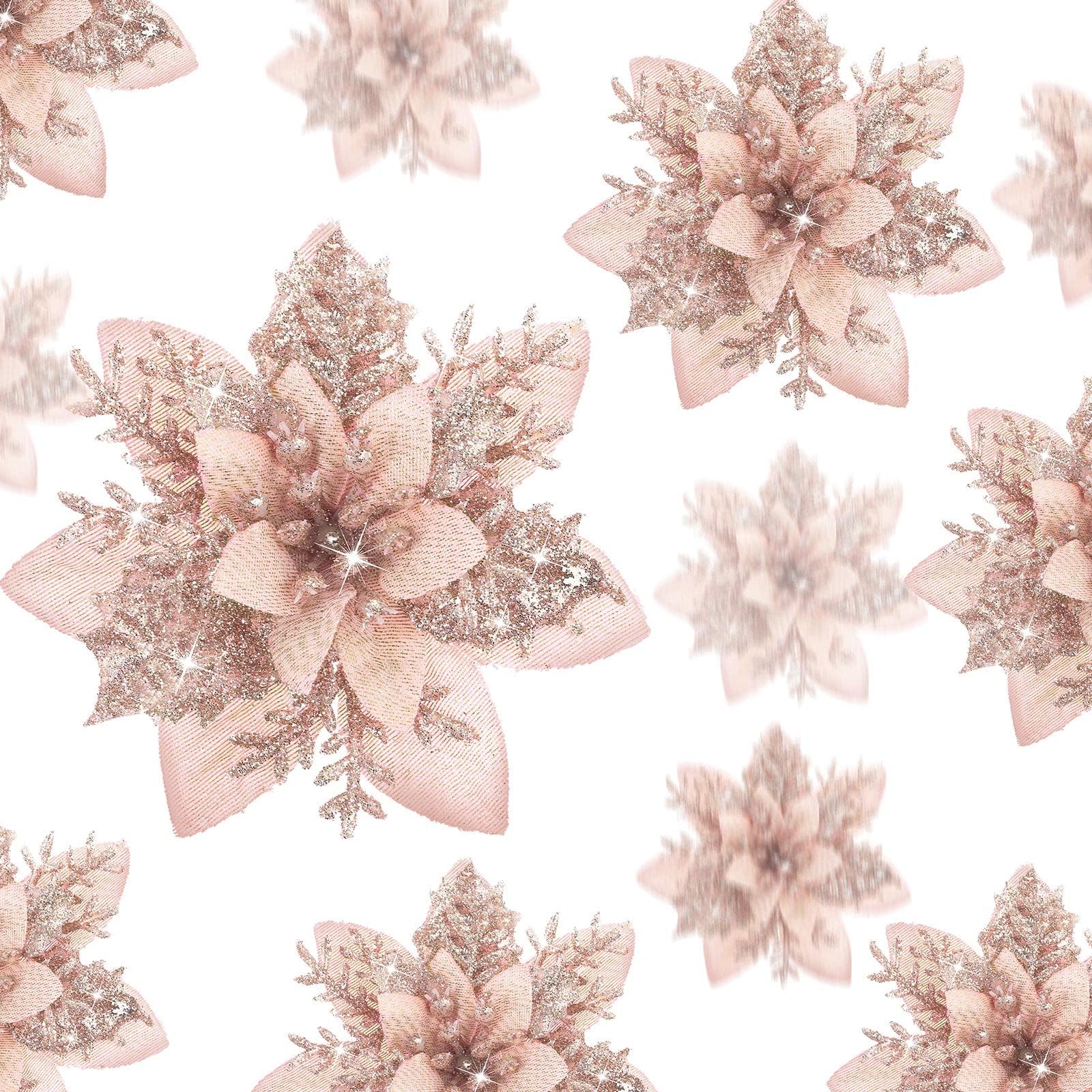 Geosar 36 Pcs Christmas Glitter Artificial Poinsettia Flowers Xmas Poinsettia Artificial Wedding Flowers Decorations Xmas Tree Ornaments with Clips for Party, 6 Inch, 4 Inch, 3 Inch(Rose Gold)