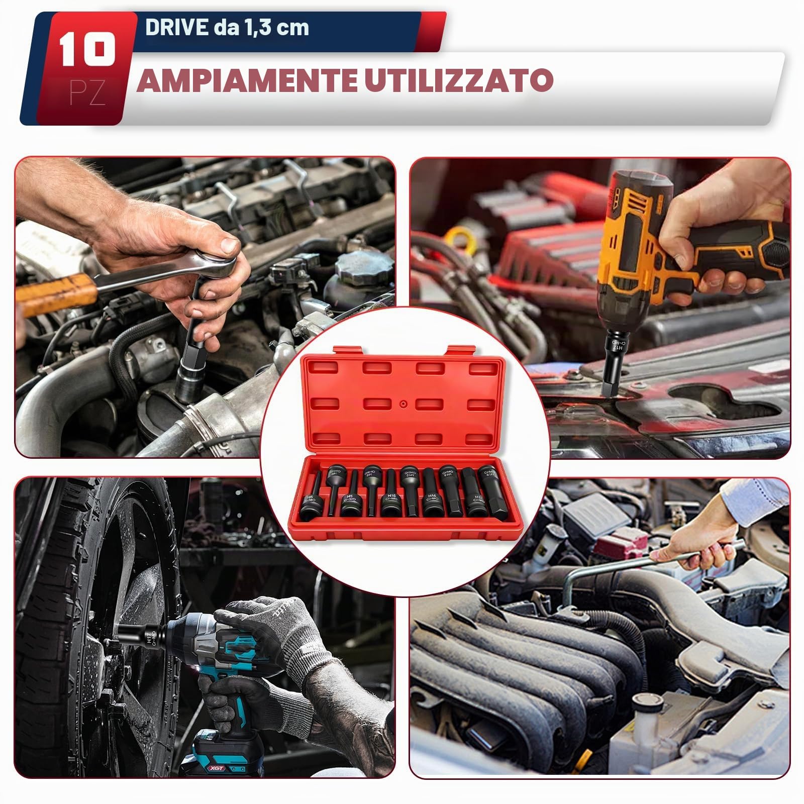 Set di 10 chiavi a brugola a esagono incassato 1/2", 1/2", 1/2", 1/2", esagonale, 5 – 19 mm