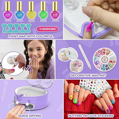Miniatura 6 de BATTOP Juego de esmaltes de uñas para niñas, kit de uñas para niños con organizador de secador de uñas, esmalte, calcomanías, gemas, limador, ideas