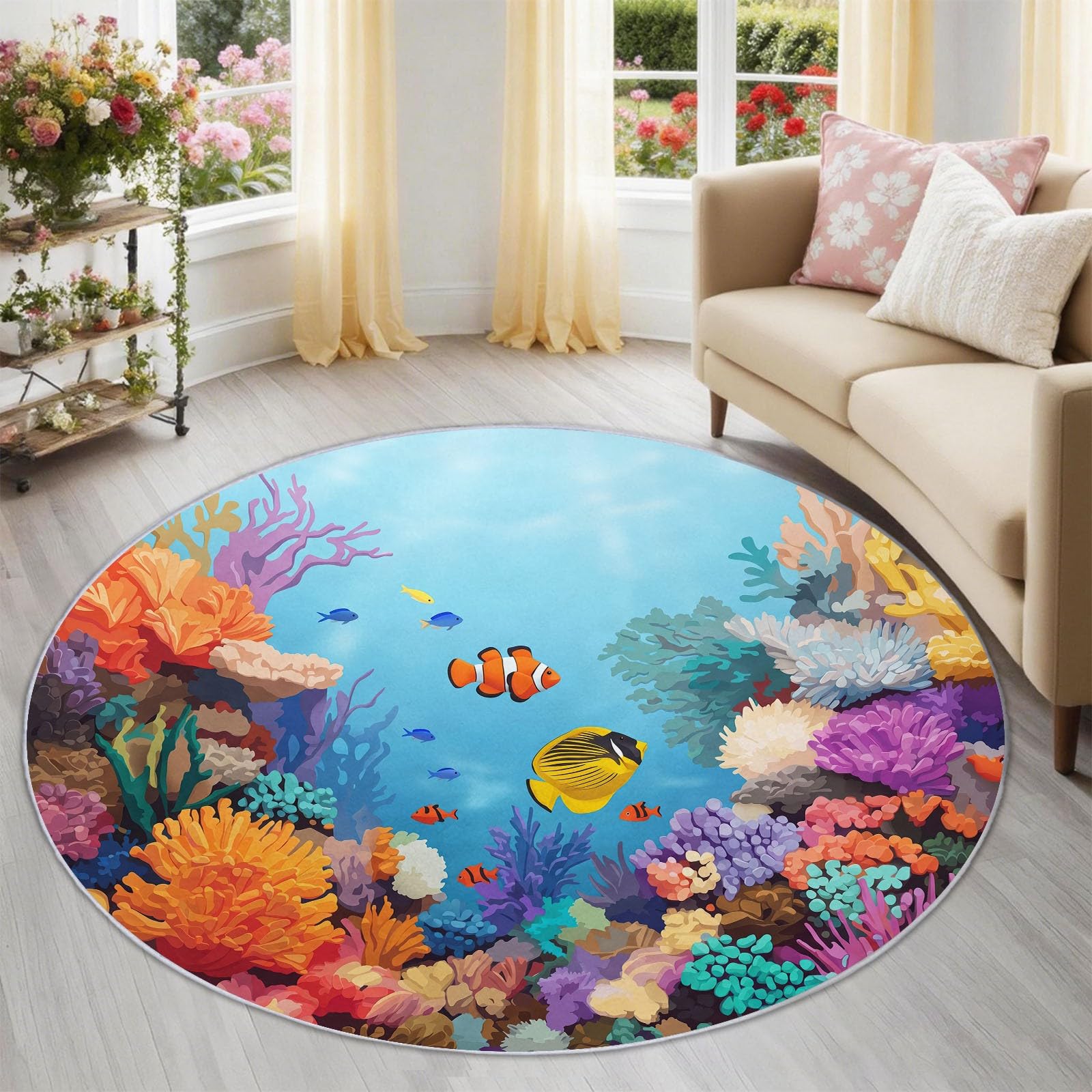 Tapis rond chambre adulte bleu motif plage et poissons 100cm