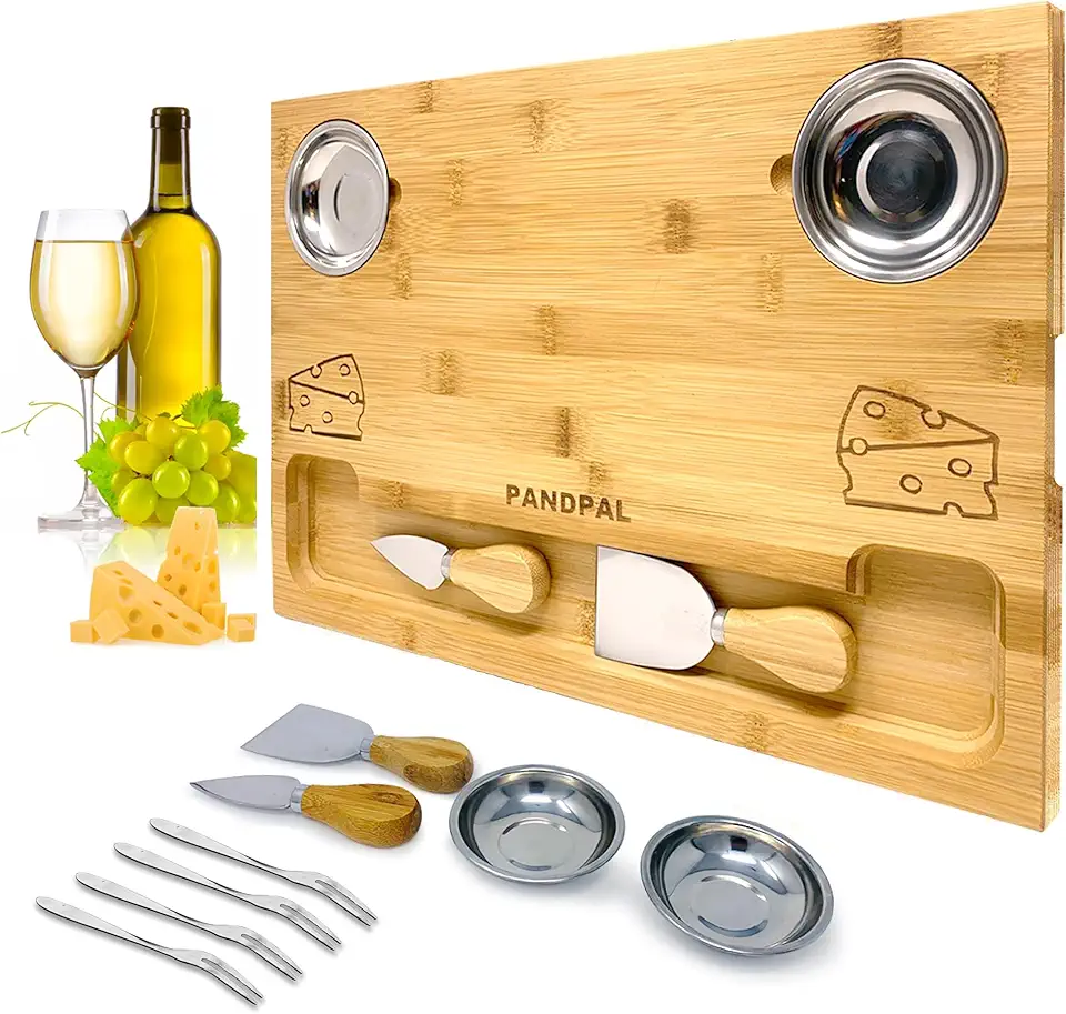Bamboo Cheese Board with Knives &amp; Bowls - Extra Large Wooden Cutting Board Platter for Wine &amp; Charcuterie