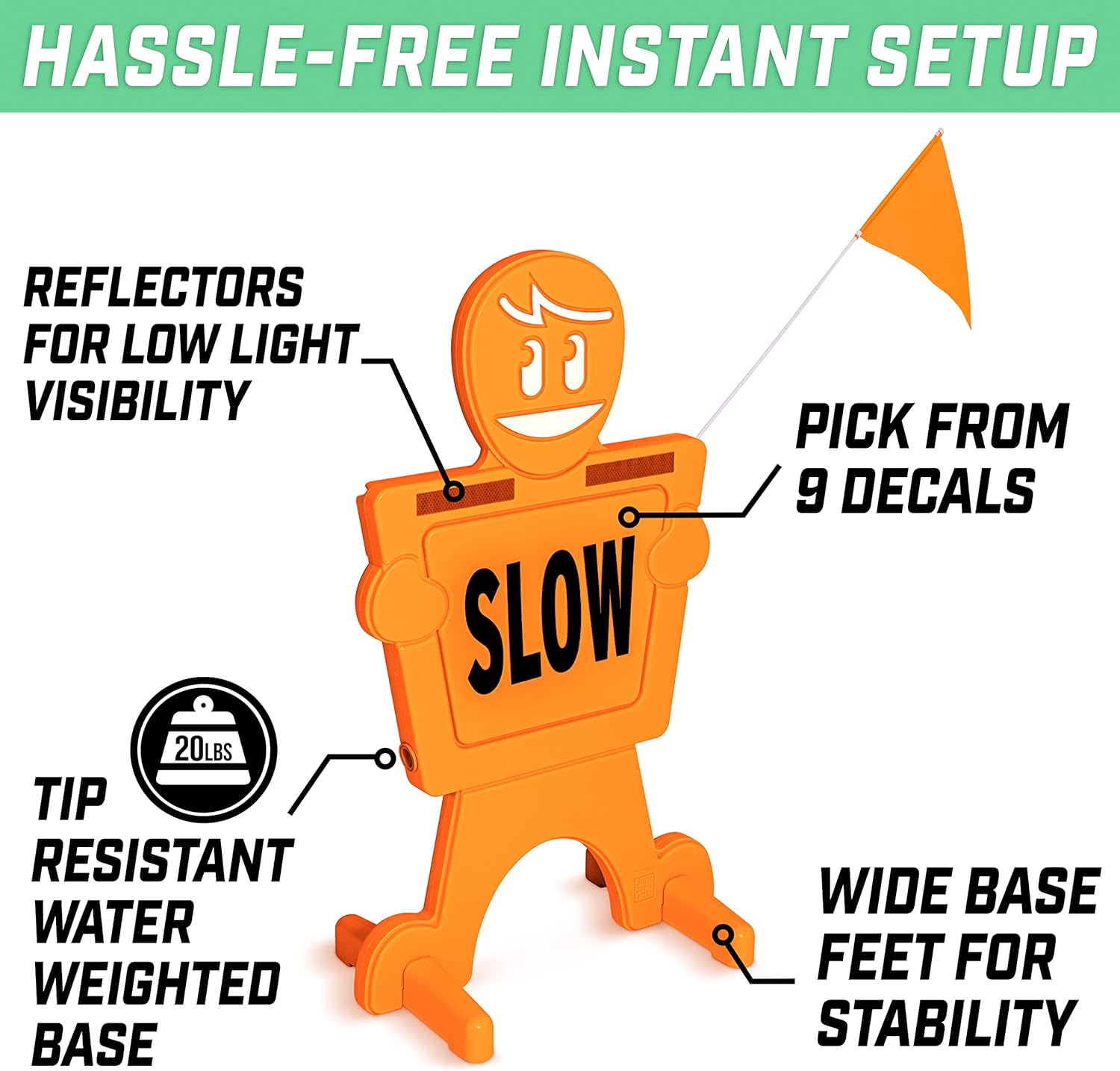 GoSports Slow Down Man! Street Safety Sign - 3 ft High Visibility Kids at Play Signage for Neighborhoods with 9 Decal Options and Flag