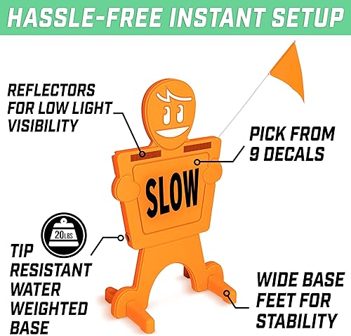Miniatura 5 de GoSports Señal de seguridad callejera Slow Down Man! - Letrero de seguridad de 3 pies de alta visibilidad para niños en juego para vecindarios con 9