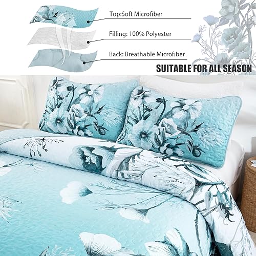 Miniatura 4 de Juego de edredón floral de 2 piezas tamaño individual, juego de edredón floral azul bohemio, de microfibra suave, ligera, color gris, colcha