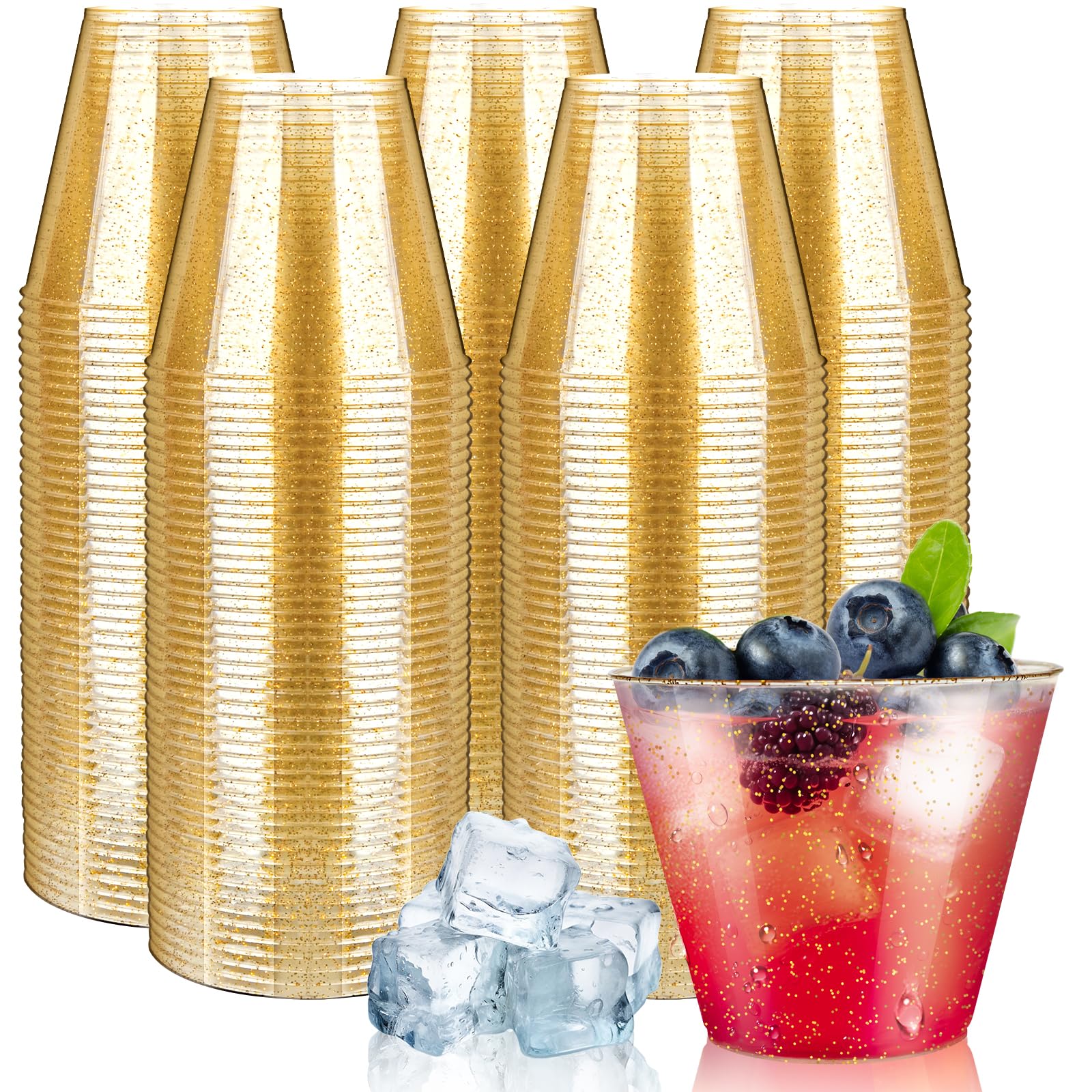 Photo 1 of Byvivace [200 Pack] 9oz Plastic Cups with Gold Glitter Sturdy & Food Safe Plastic Wine Glasses Disposable Cups Party Wedding Cups Cocktail Glasses for Wine, Juice & Cold Beverages