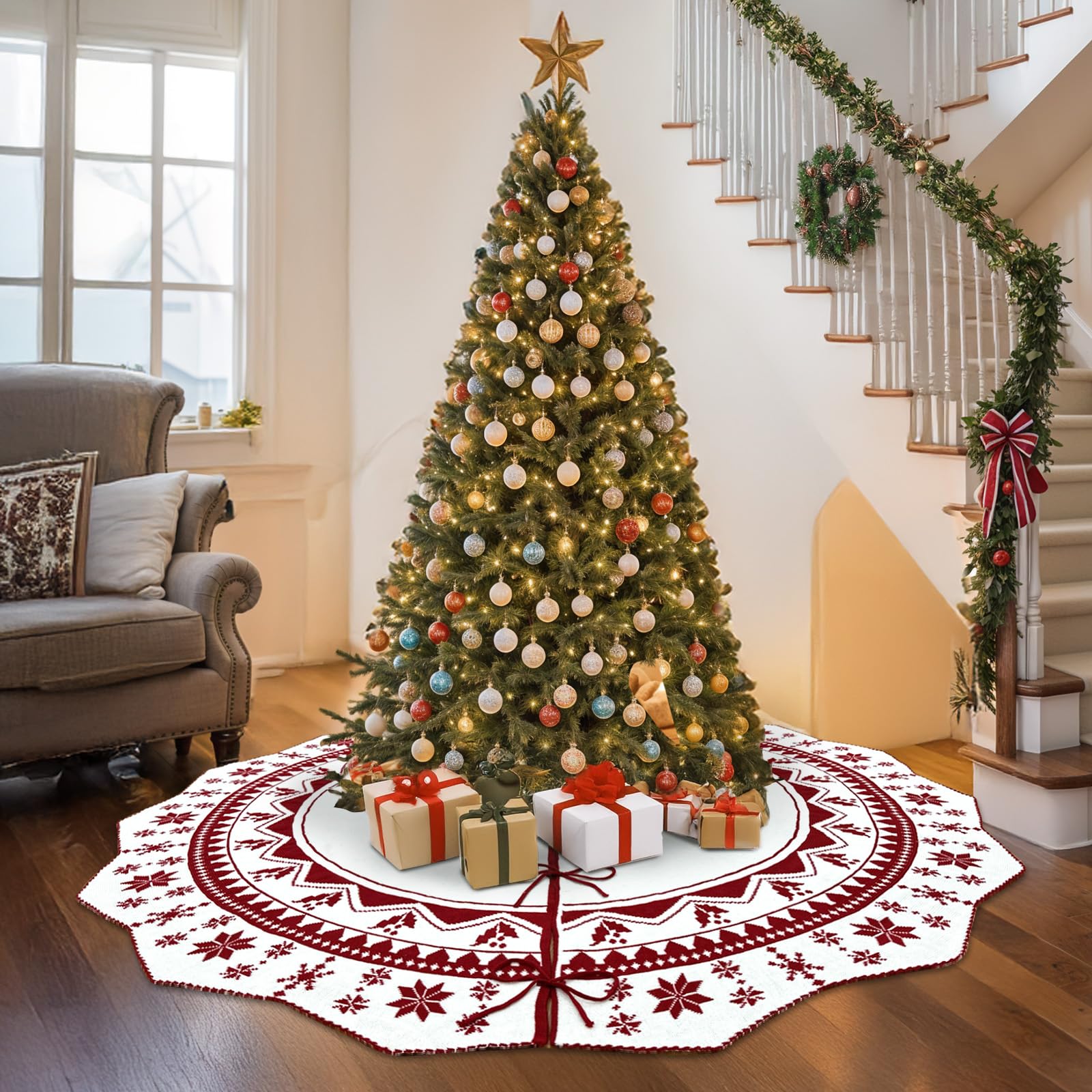 Jupe de sapin de Noël en tricot double face avec motifs flocons de neige - Grande jupe de sapin de Noël rustique pour décorations de sapin de Noël - 183 cm