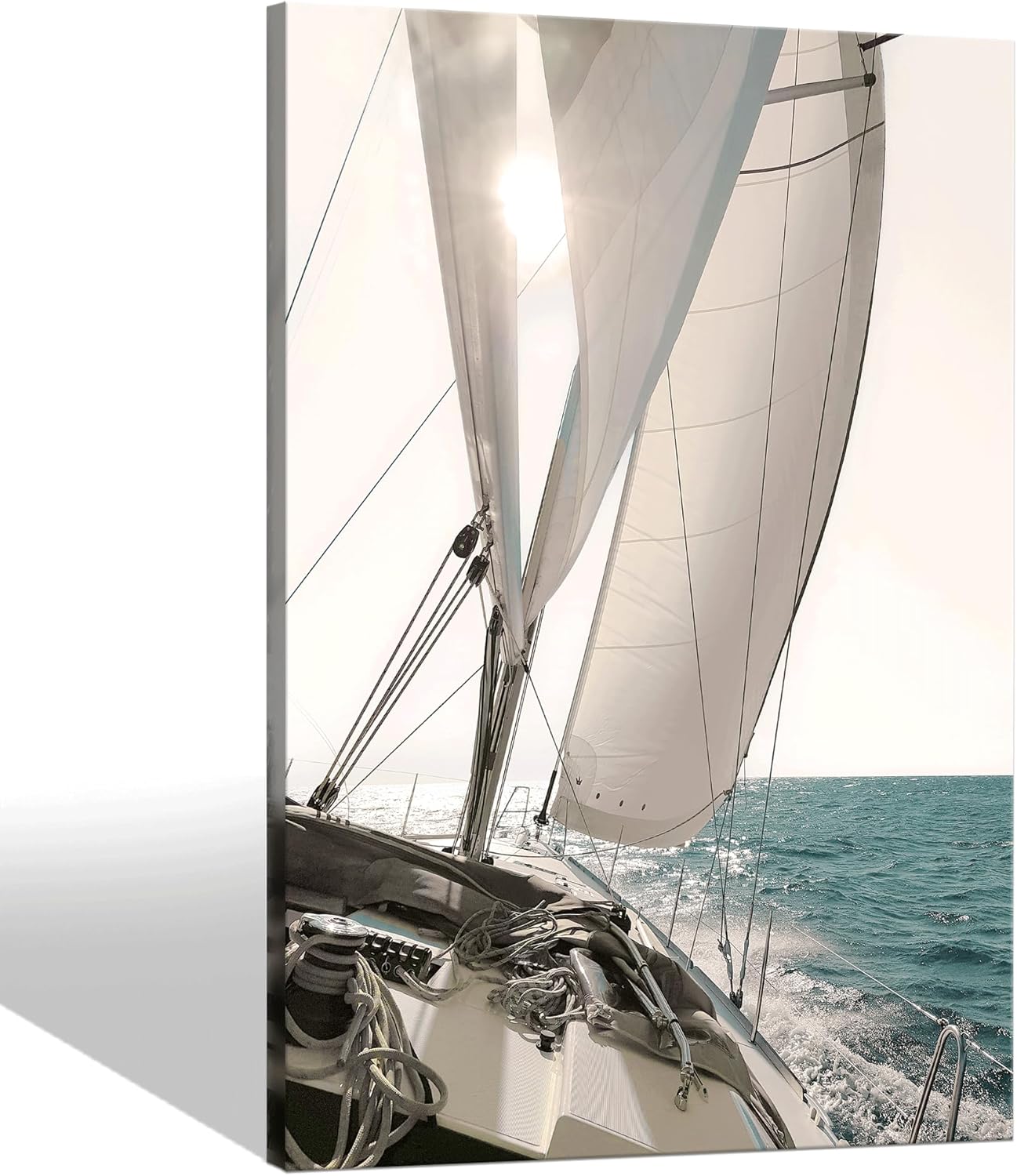 Nautical Sailboat Canvas Wall Art: Ocean Sailing Pictures Seascape Painting Sunset Sea Prints Coastal Artwork for Bathroom