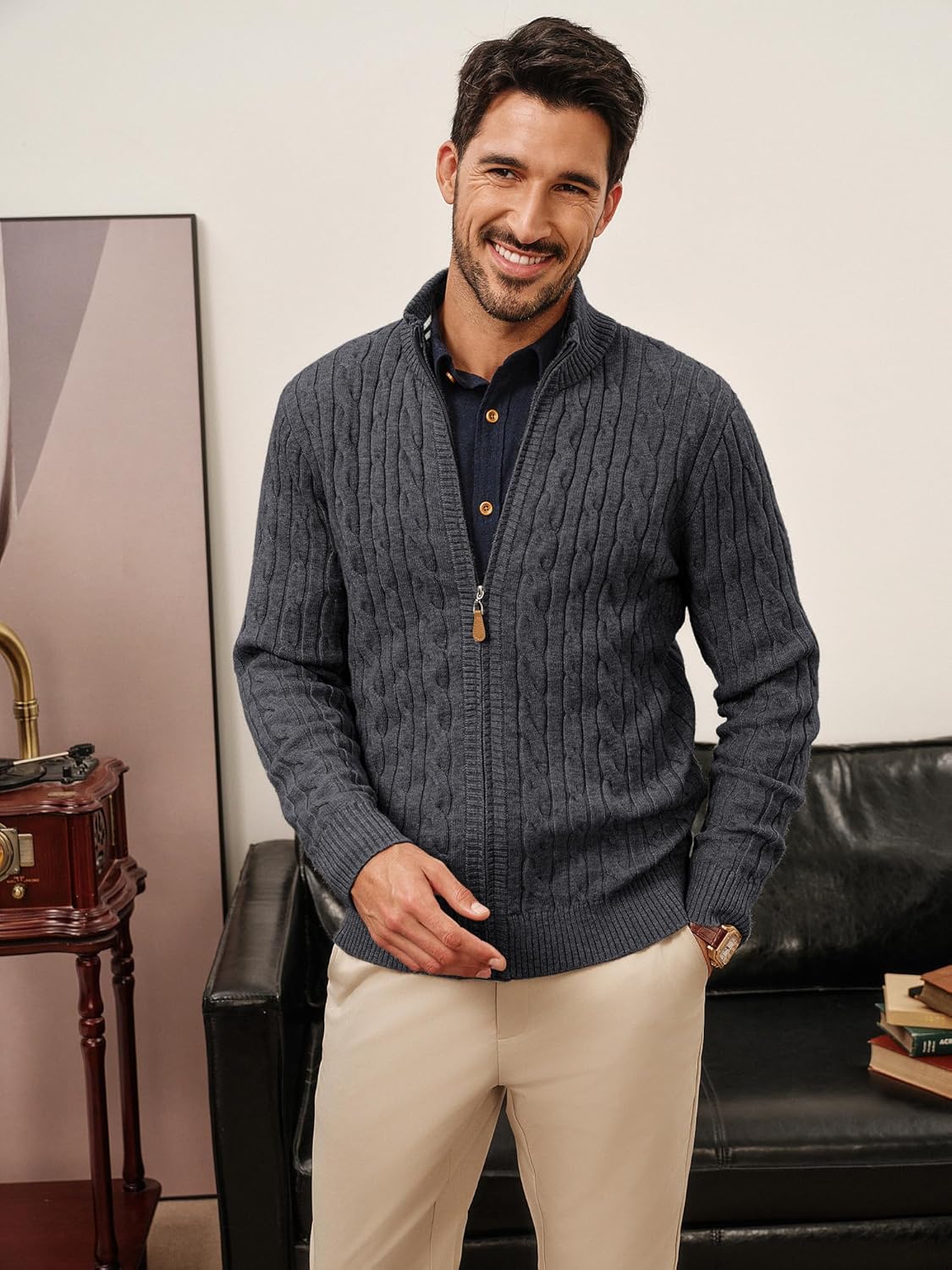 PJ PAUL JONES Mens Cardigan Sweater Full Zip Up Stand Collar Cardigans Long Sleeve Knitted Sweaters - Image 2