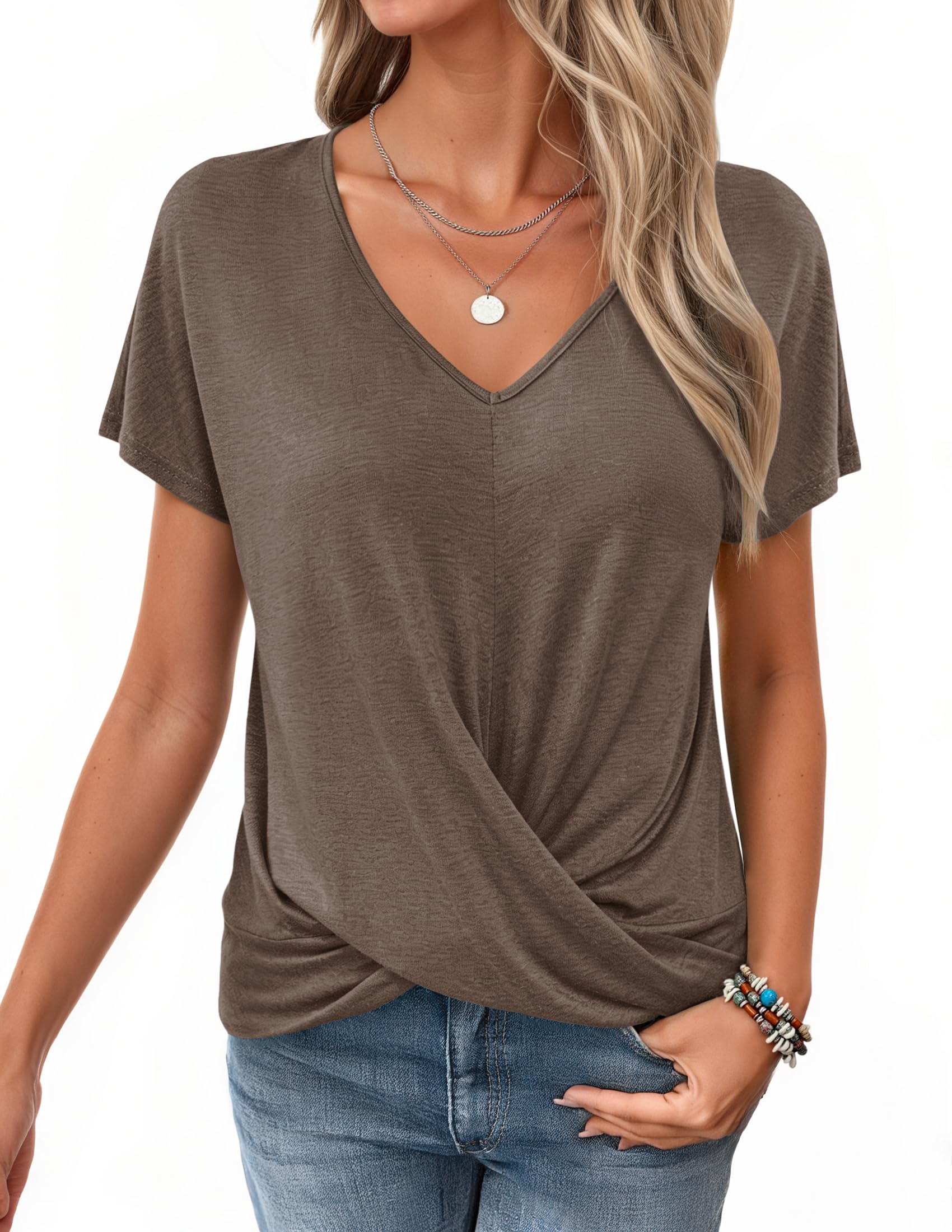 WNEEDU Tshirt Damen Sommer-V Ausschnitt Kurzarm T-Shirt Damen Elegant Twist Front Oberteile Bluse Basic Top lässige