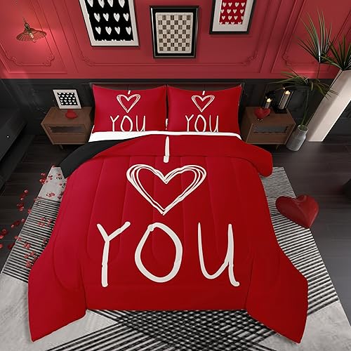 Miniatura 2 de Juego de edredón de San Valentín para parejas, juegos de ropa de cama rojo y blanco para niños, niñas, adolescentes, con texto en inglés "I Love