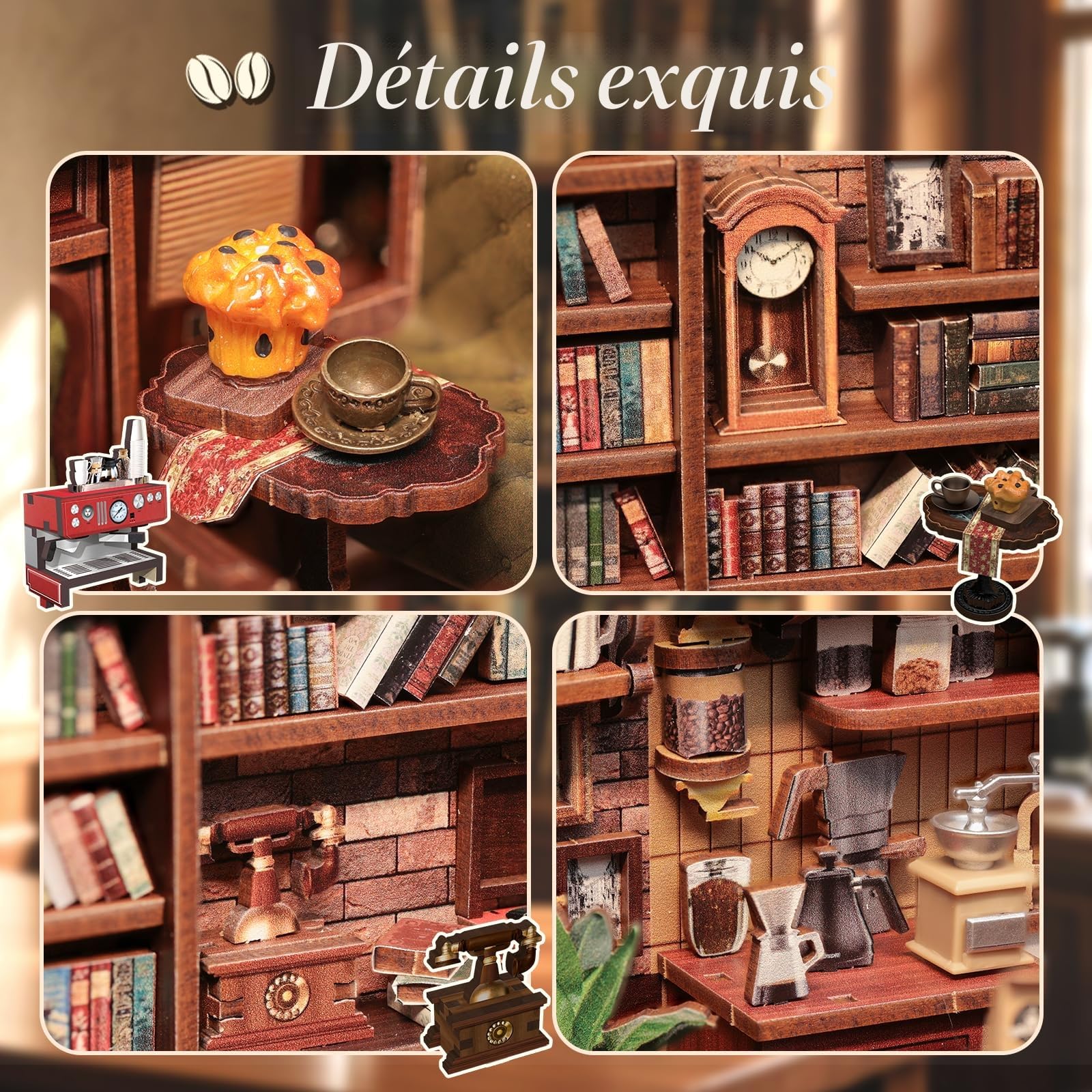 CUTEBEE Book Nook Kit – DIY Maison Miniature Rétro en Bois, Puzzle 3D à Construire pour Adultes avec Boîtier LED & Anti-poussière, Cadeau Spécial Famille/Amis (Corner Coffee Shop)