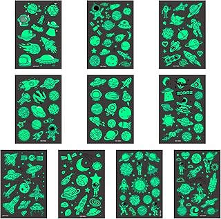 Yasmous 10 Sheets Luminous Temporary Tattoos Stickers, Children Fake Tattoos Space Cartoon Tattoos for Kids, Glow in the Dark Tattoo Kids Sticker, Cosmos/Space/Rocket/UFO Party Gift Bag Fillers