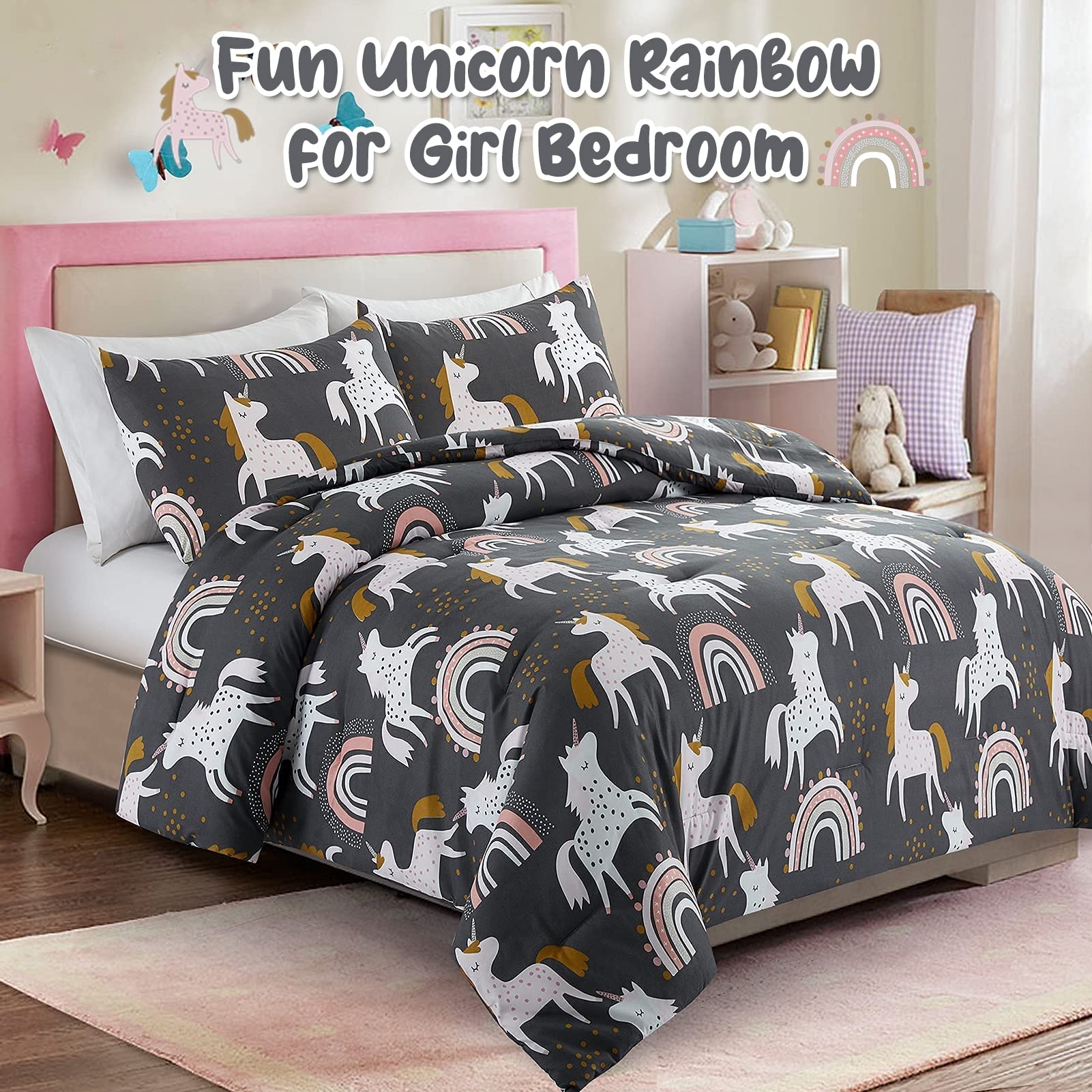 HollyHOME 2 Piece Twin Size Bedding Comforter Sets for Teens and Girls, Pink Unicorn and Rainbow Bedding Set, 66”x 86”
