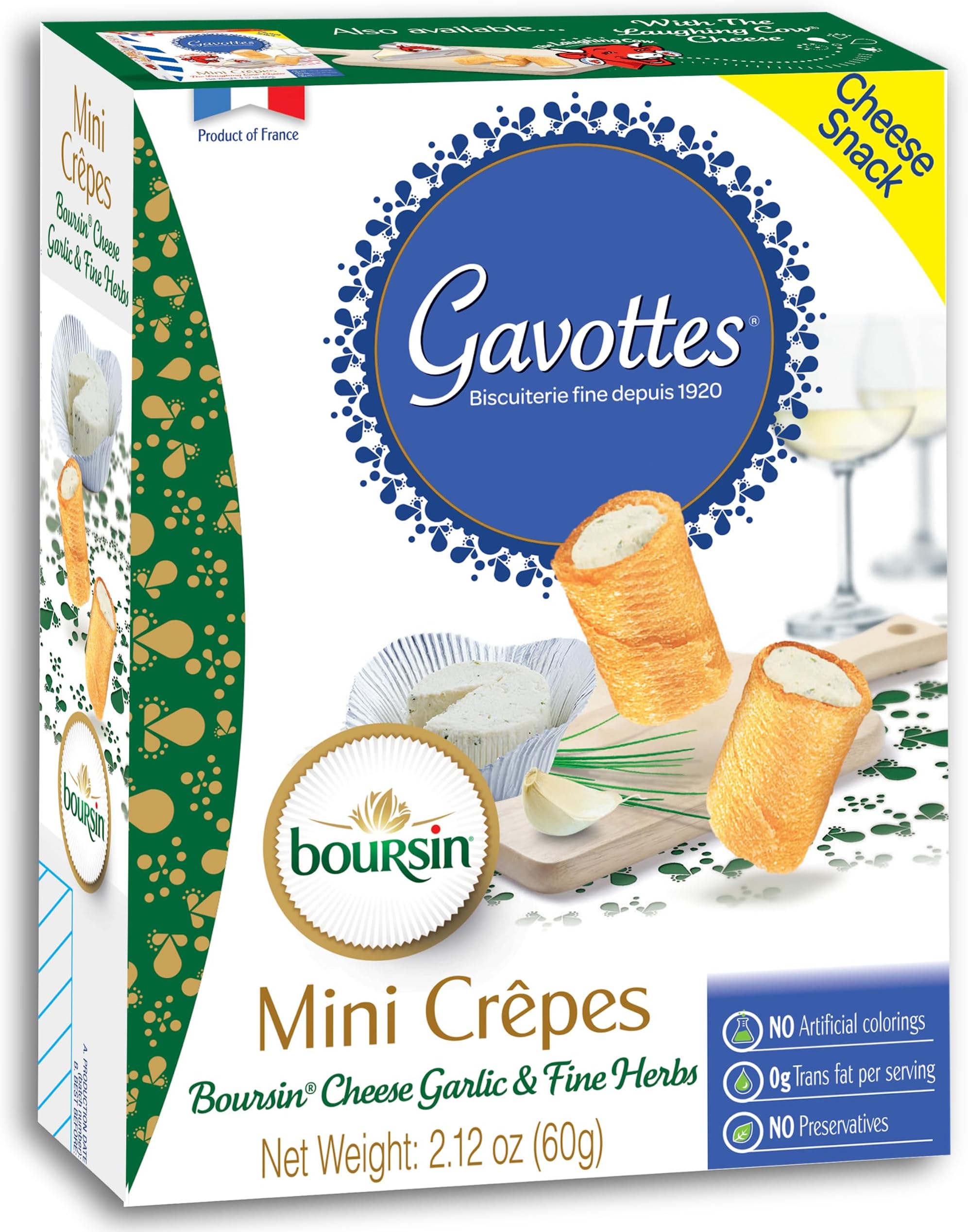 Gavottes French Boursin Cheese Filled Mini Crispy Crepes | Crepe Crackers with Boursin Garlic & Herb Cheese Filling | Gavottes Ready to Eat Crispy Crepes Snack From France (1 Pack of 2.12oz/60g)