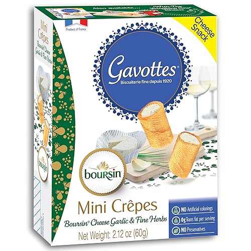 Gavottes Mini crepes crujientes rellenas de queso Boursin francés  Galletas crepé con relleno de ajo Boursin y queso de hierbas  Gavottes Ready to