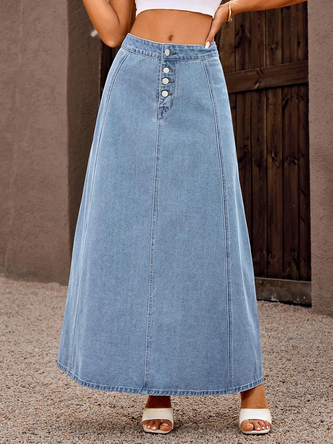 ebossy Women's High Waist Denim Skirt Classic 4-Button Flare A Line Stretch Maxi Long Jean Skirts with Pockets - Image 3