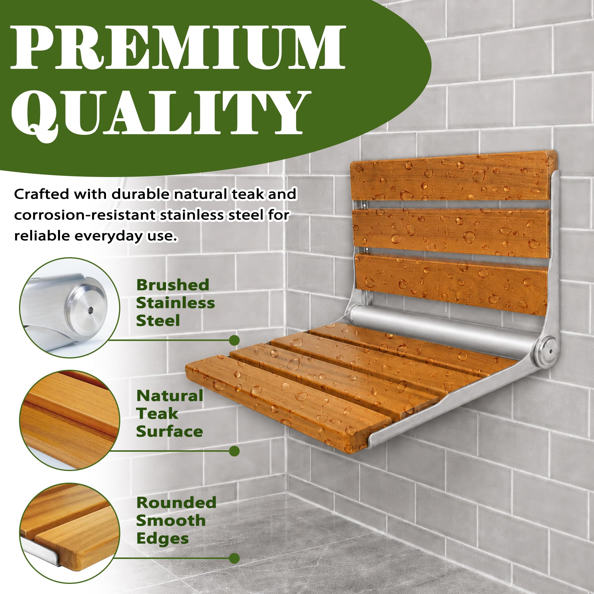 Asiento de ducha de teca plegable de acero inoxidable montado en la pared, banco de ducha plegable de madera de teca para el cuidado del hogar