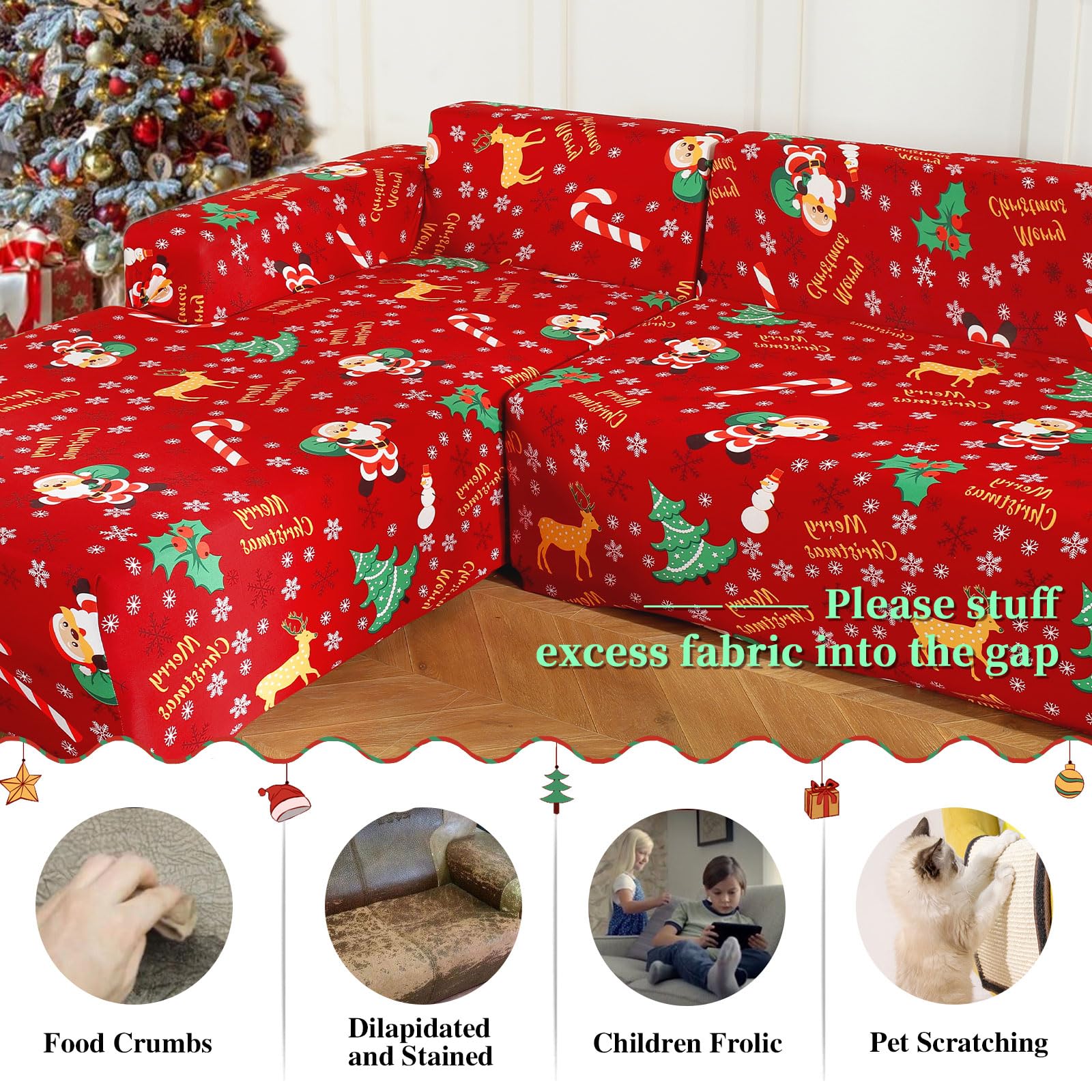 Jaotto Copridivano con Penisola Elasticizzato A Sinistra Destra, Fodere Copridivano Angolare Universale, Copridivano Antigraffio Gatto Chaise Longue a Forma di L(3 Posti+3 Posti,Xmas Ladro)
