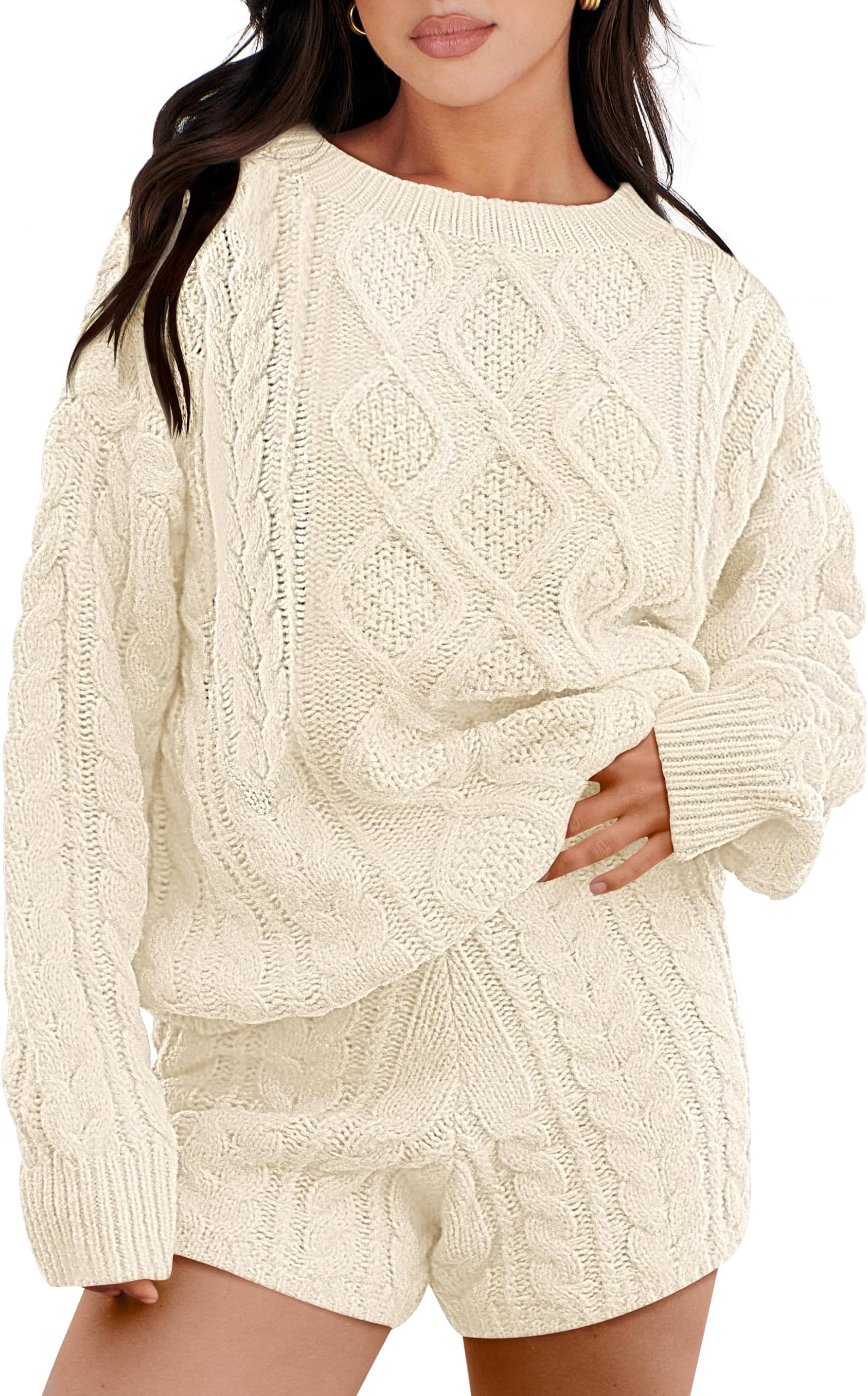 Women 2 Piece Outfits Sweater Lounge Loungewear Sets 2025 Winter Cable Knit Oversized Sweaters Shorts Matching Sets