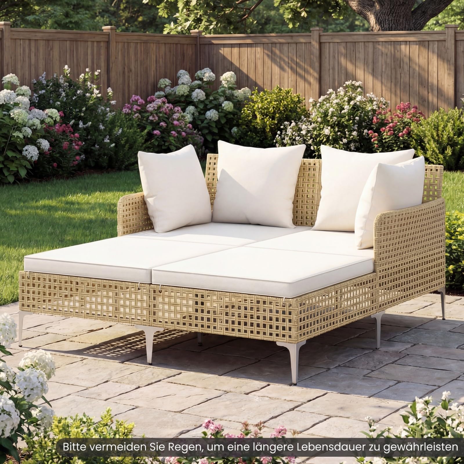 COSTWAY Sonnenliege 2 Personen, Rattan Doppelliege mit Sitz- & Rückenkissen, Gartenliege wetterfest, Liegestuhl, Sonnenbett, Outdoor Liege für Garten, Terrasse, Balkon
