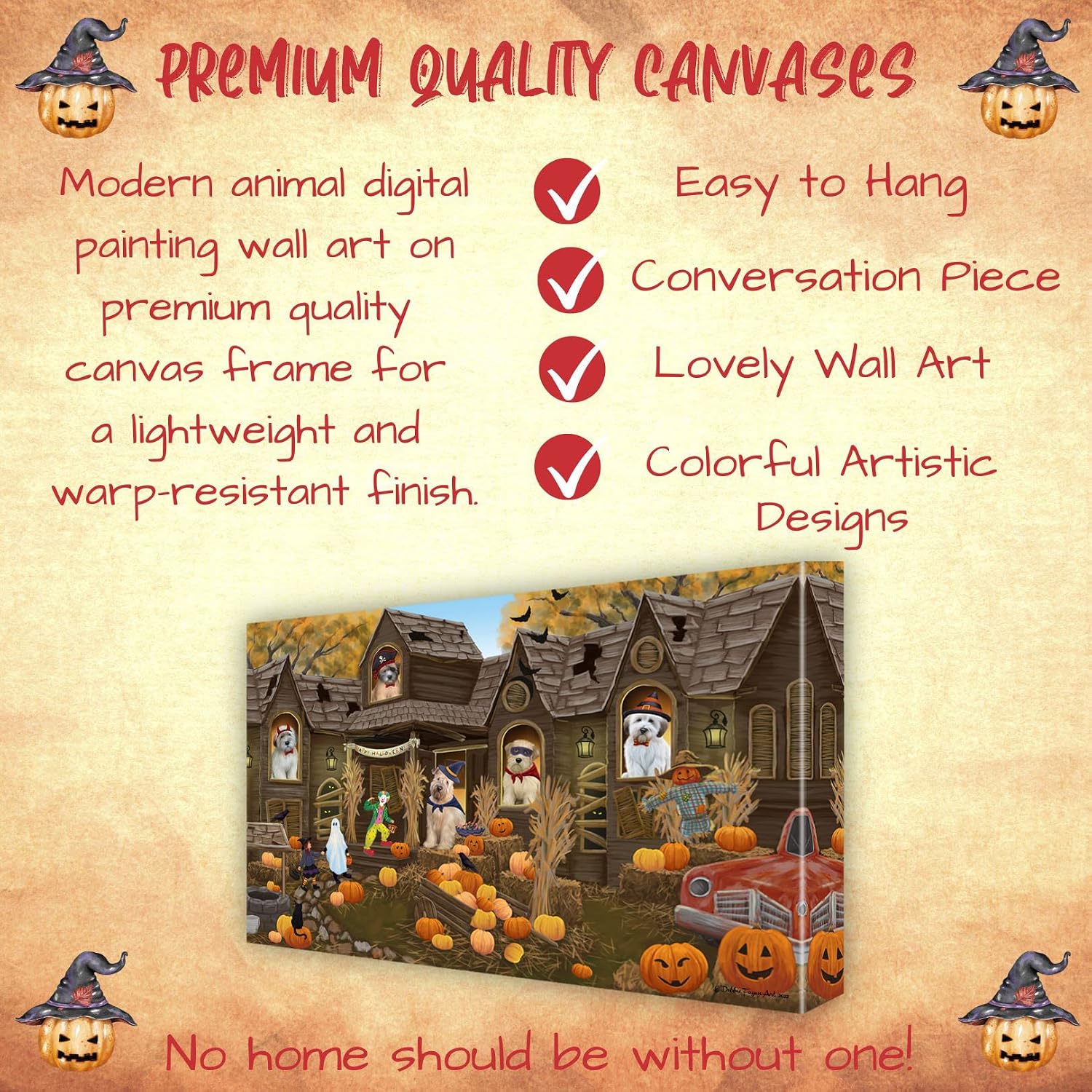 Doggie of the Day Haunted House with Wheaten Terrier Dogs Canvas Wall Art - Premium Quality Ready to Hang Room Decor - Flat Rolled 16" x 24"