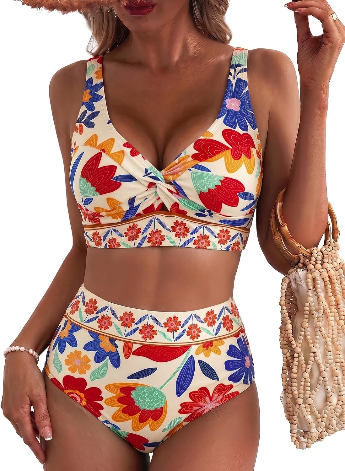 Herseas Women's High Waisted Bikini Sets Floral Print Twist Front Swimsuits Tummy Control Bathing Suits Beach Essentials