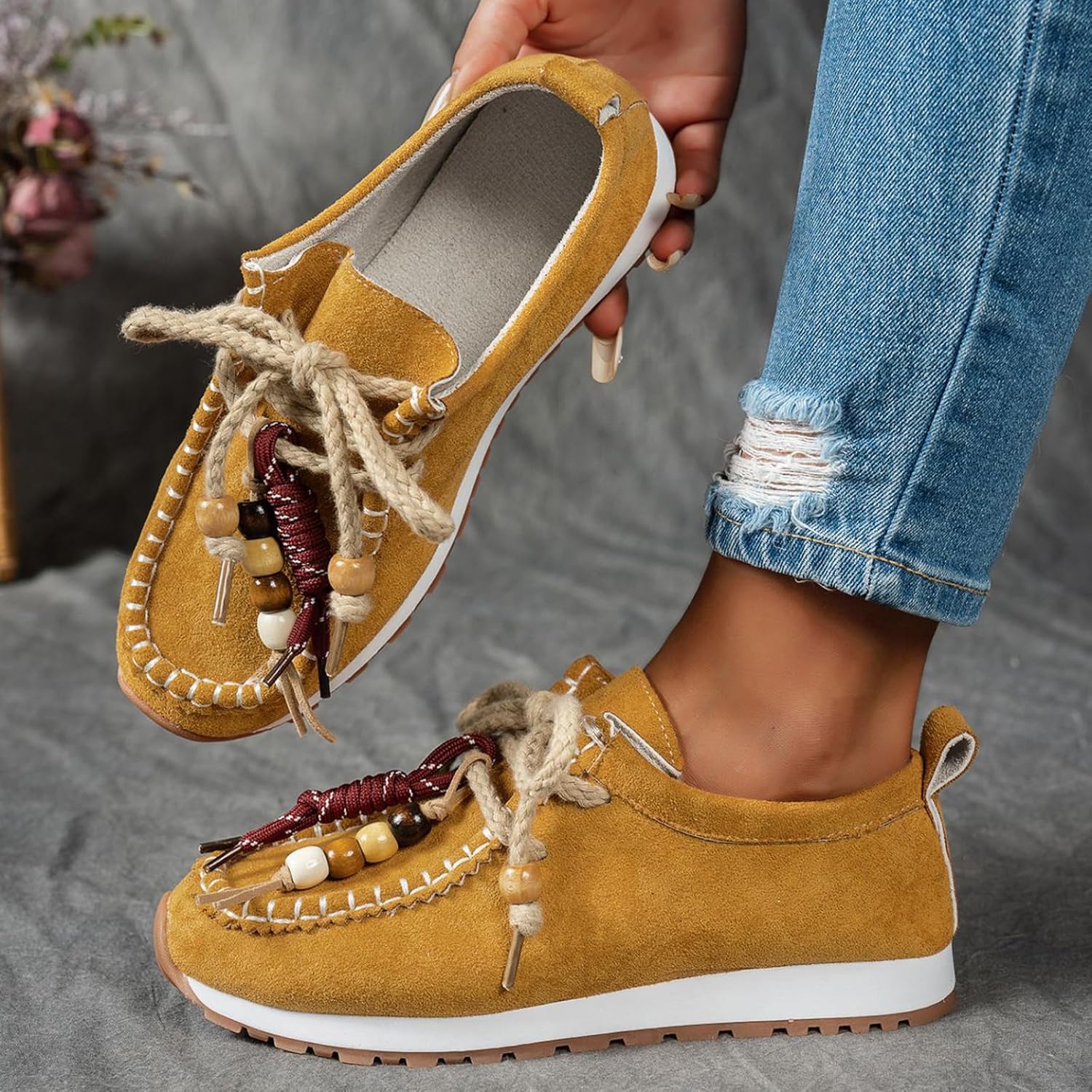 Women's Suede Platform Loafers with Beaded Retro Comfortable Round Toe Slip On Orthopedic Walking Shoes for Daily Work Driving Casual Shoes - Image 2