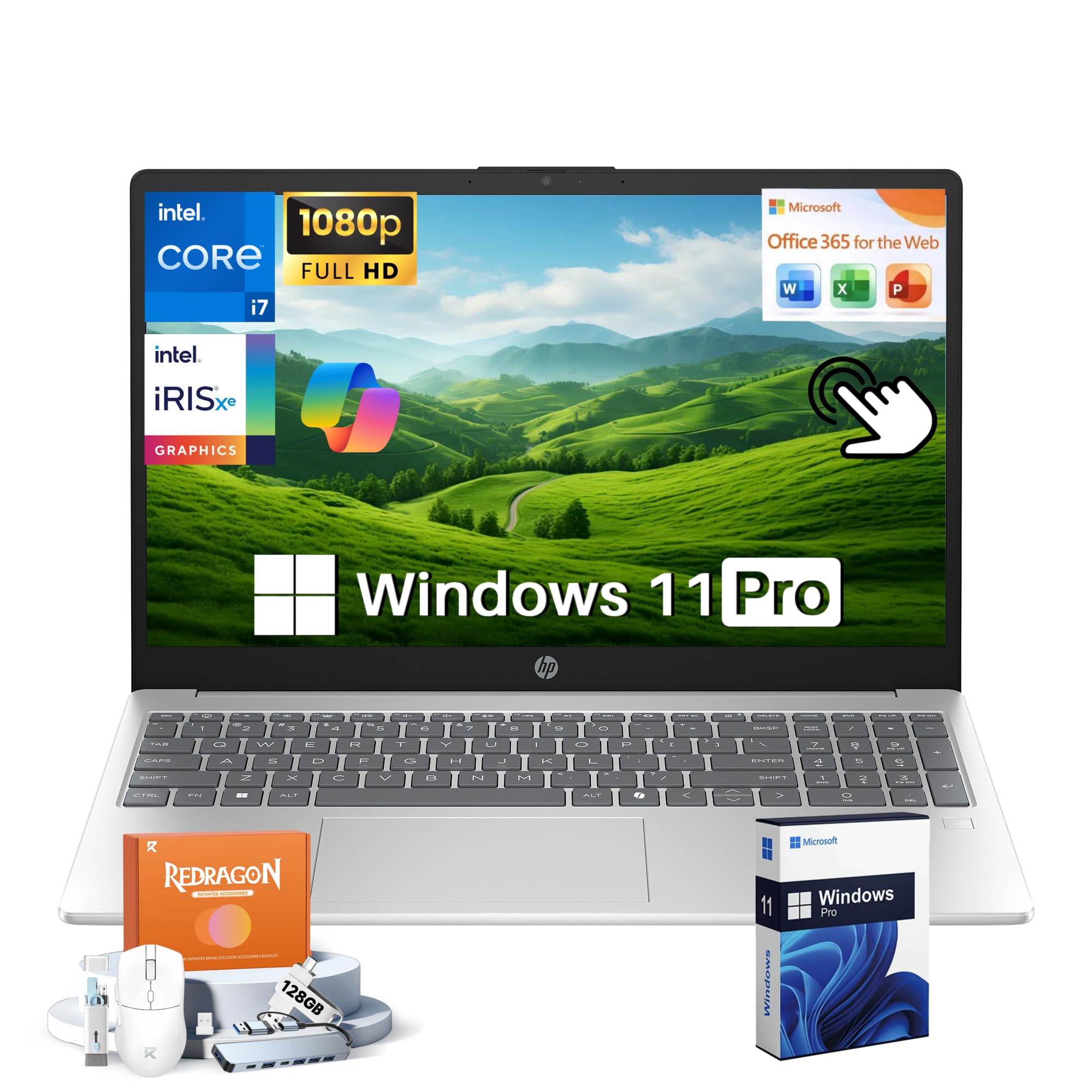 HP 15.6 Laptop Touchscreen Business, Free Office 365 for The Web, Intel 10-Core i7-1355U, 16GB DDR4, 512GB SSD, 15.6" FHD Display, Iris Xe Graphics,