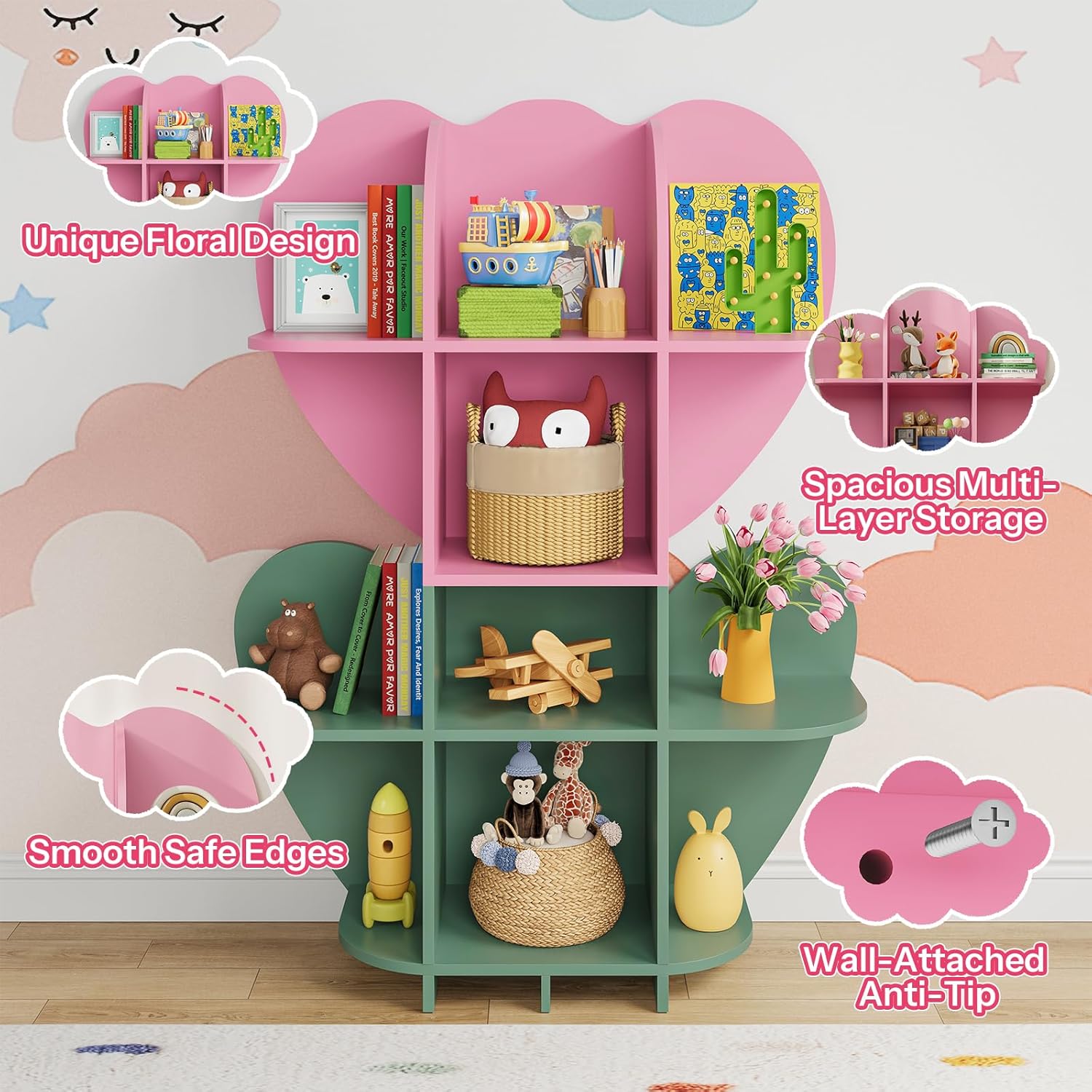HOOBRO Toy Storage Organizer, Toy Organizers and Storage with 10 Cubbies,Kids Bookshelf and Toy Storage for Books &Toys, Toy Chest Shelf for Playroom, Pink and Green KJ93CW01
