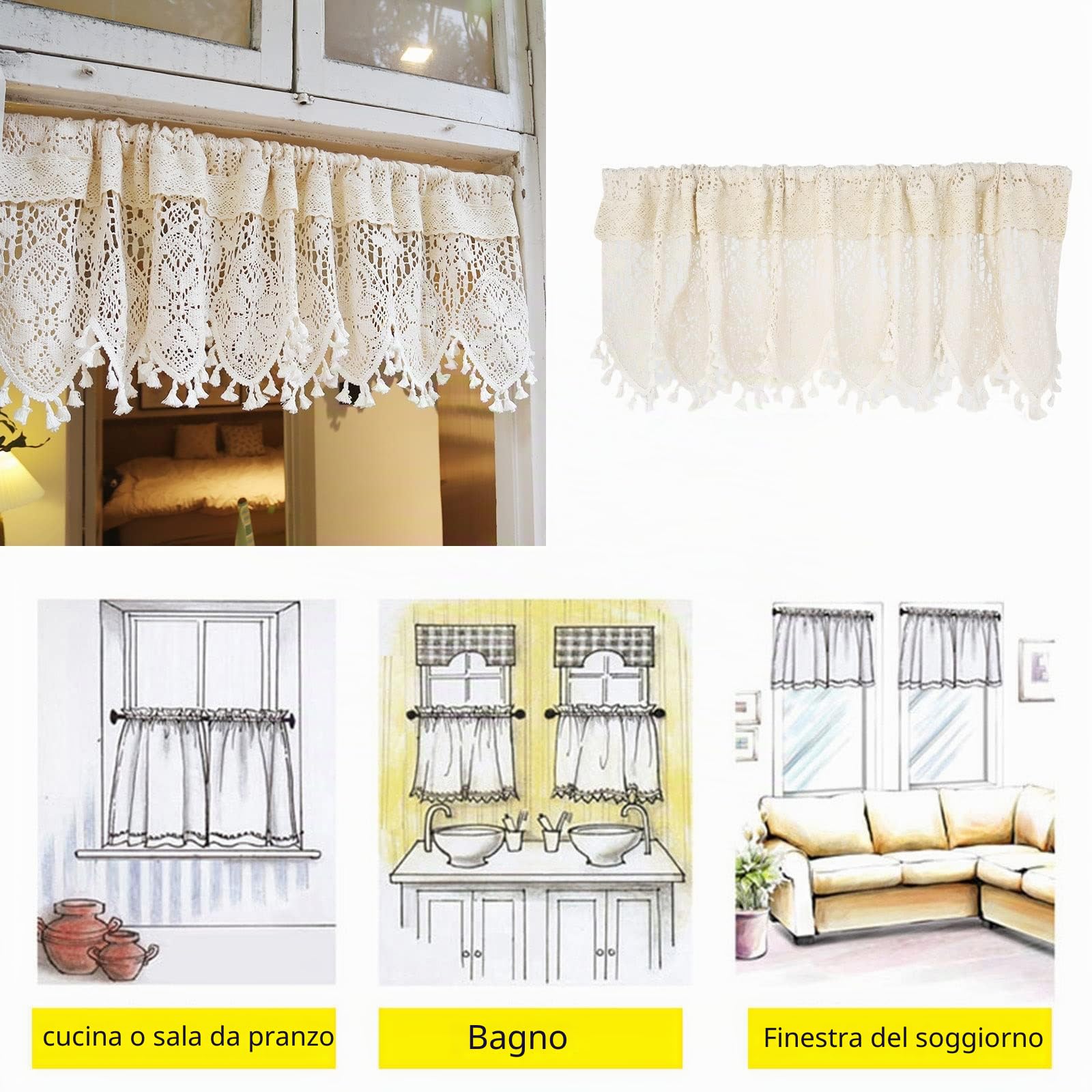 Tende vintage in pizzo di cotone all'uncinetto, tende semi-velate per finestre/giardino/divisorio/armadietto/cucina bar mantovane – elegante tenda per porta