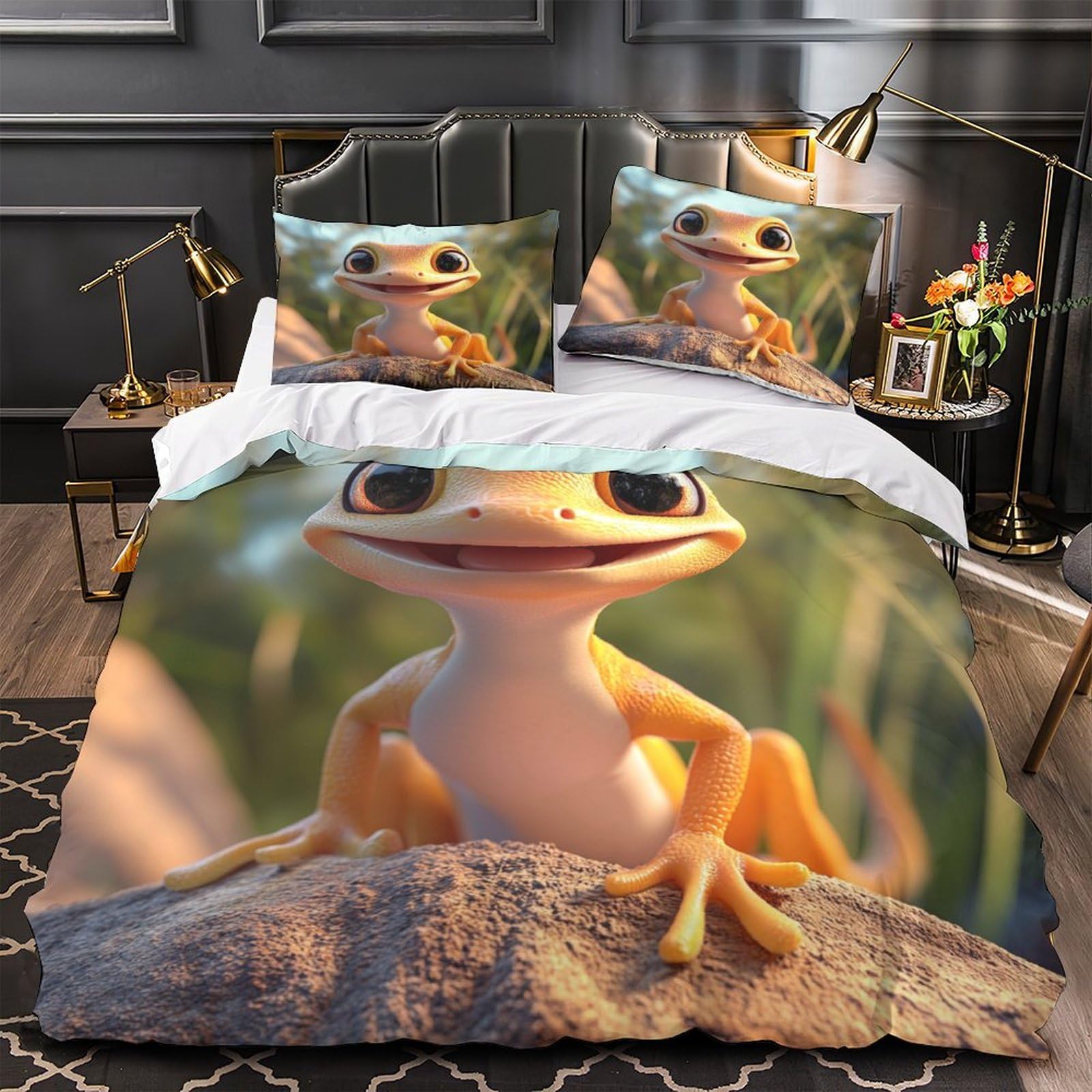 Microfibre drap de couette gecko imprimé 3D avec 2 taies d'oreiller