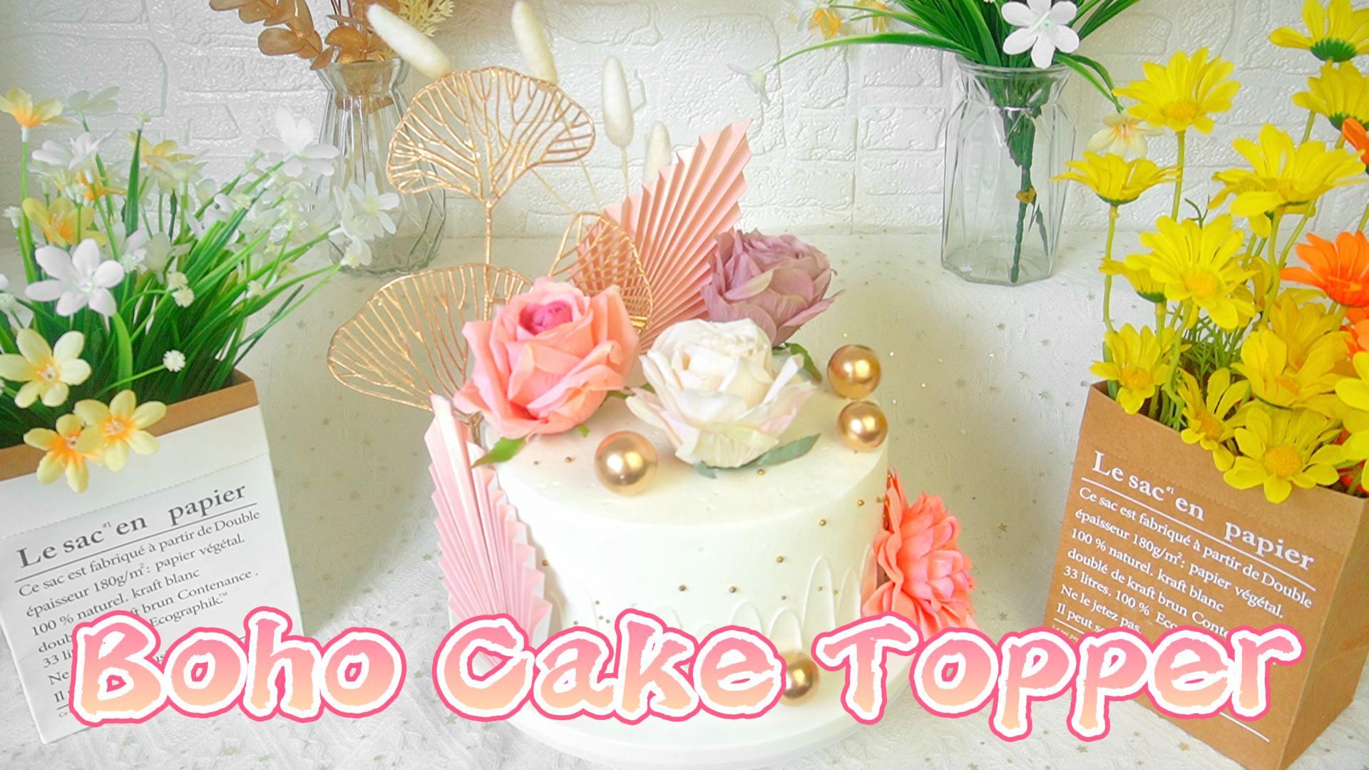29-teiliges Boho Kuchen-Deko Set – Pinke & Goldene Kugeln, Palmenblätter, Blumen Für Geburtstag, Hochzeit, Baby-Shower