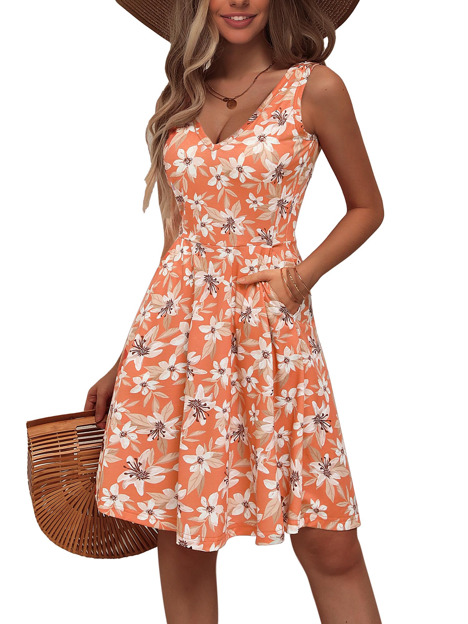 HUHOT Womens Sleeveless V Neck Dress with Pocket Summer Beach Midi Flared Tank Dress