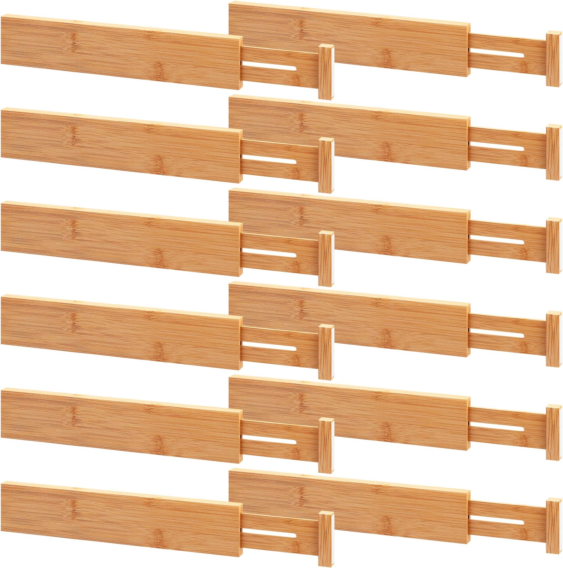 FILWH Bamboo Drawer Dividers Perfect Expandable Wooden Drawer Dividers for Kitchen Spring Loaded Adjustable Drawer Separators (2.4" High, 13"-17") for Bathroom, Bedroom, Dresser & Office(12 Pack)