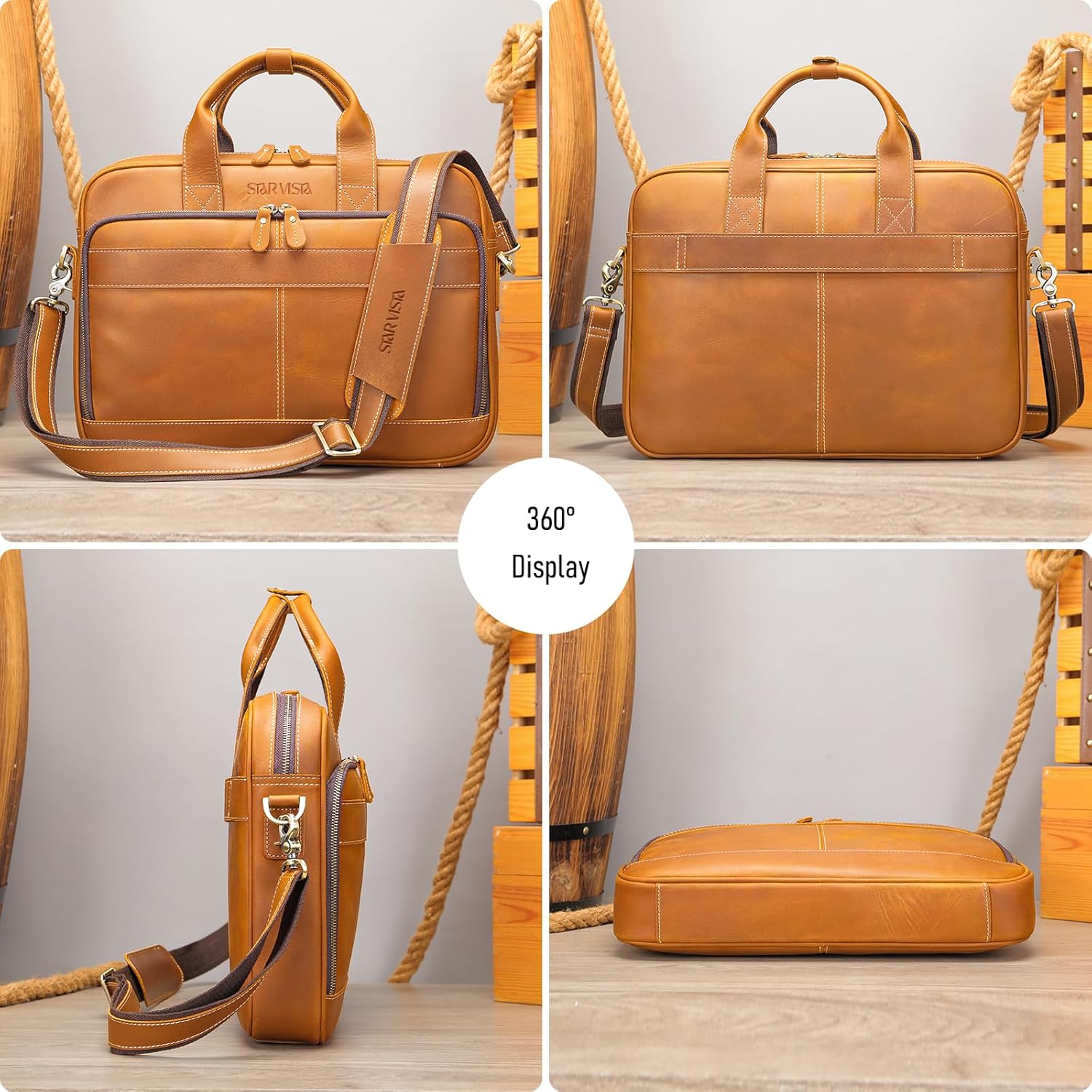 STAR VISTA Siro 15.6" Slim Laptop Messenger Bag, Full Grain Leather Briefcase, YKK Zippers, Brass Hardware