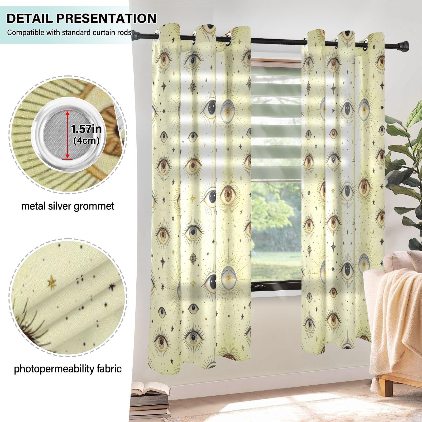 Tende decorative in lino con occhio malocchio, stile bohémien, 160 cm di lunghezza e tende, set di 2 pannelli