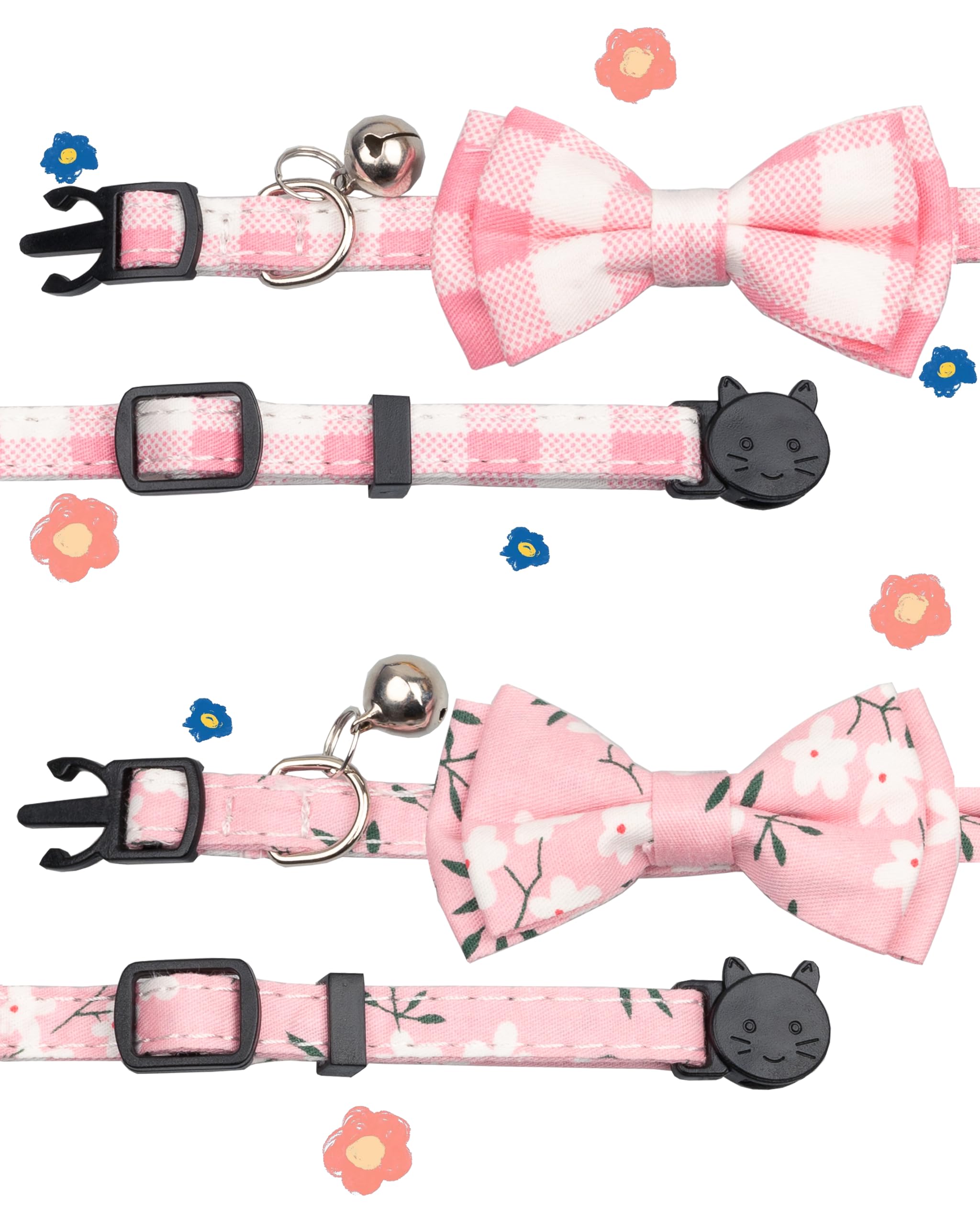 Katzenhalsband, mit Glocke, Fliege, kariert, 17,8–27,9 cm, rosa Blumen und Karomuster, Rosa