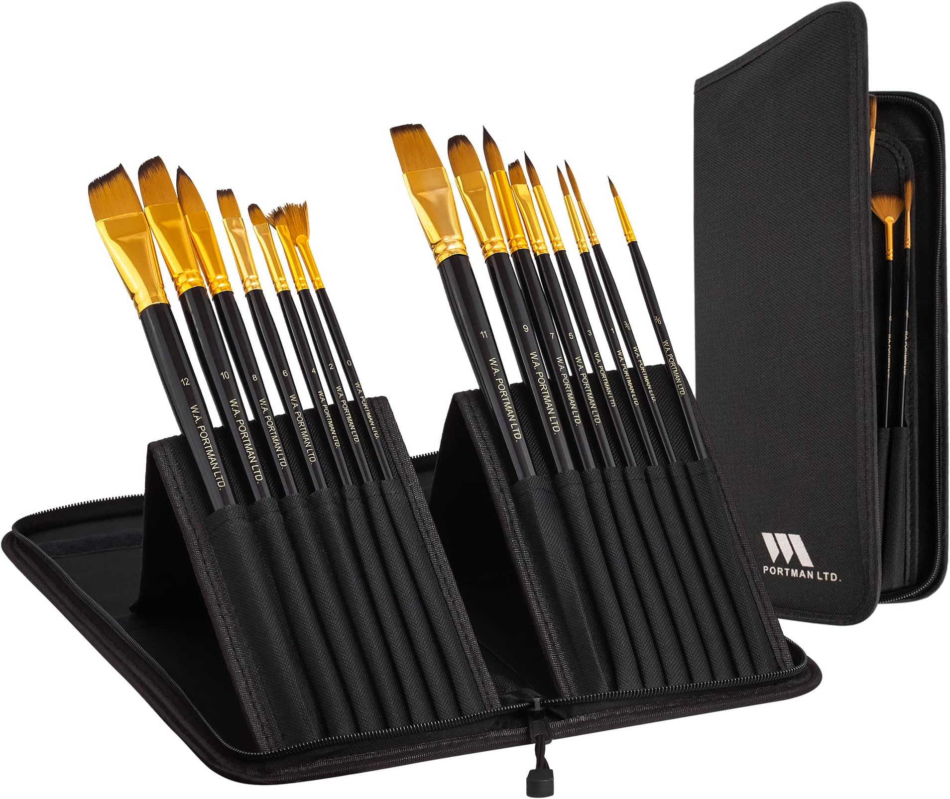 WA Portman 15-Pc Professional Paint Brush Set โ All-Purpose Artist Tools for Acrylic, Watercolor, Gouache, and Oil Paint Brushes Set โ Durable Canvas Painting Kit with Portable Zip-Up Case