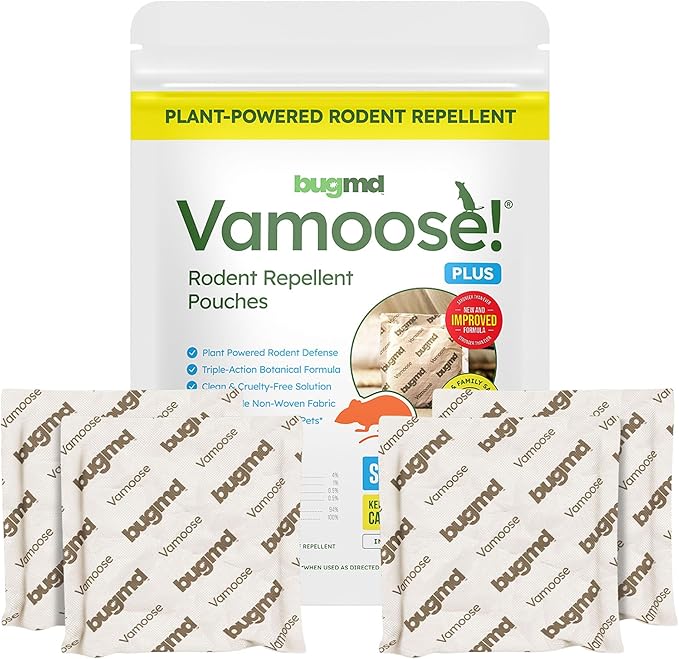 BugMD Vamoose Plus Peppermint Oil Mouse Repellent Pouches | Natural Mice Repellent Indoor & Rat Deterrent for House, Garage, RV, Car & Storage | Plant-Powered Rodent Control - 1 Pack - 4 Pouches