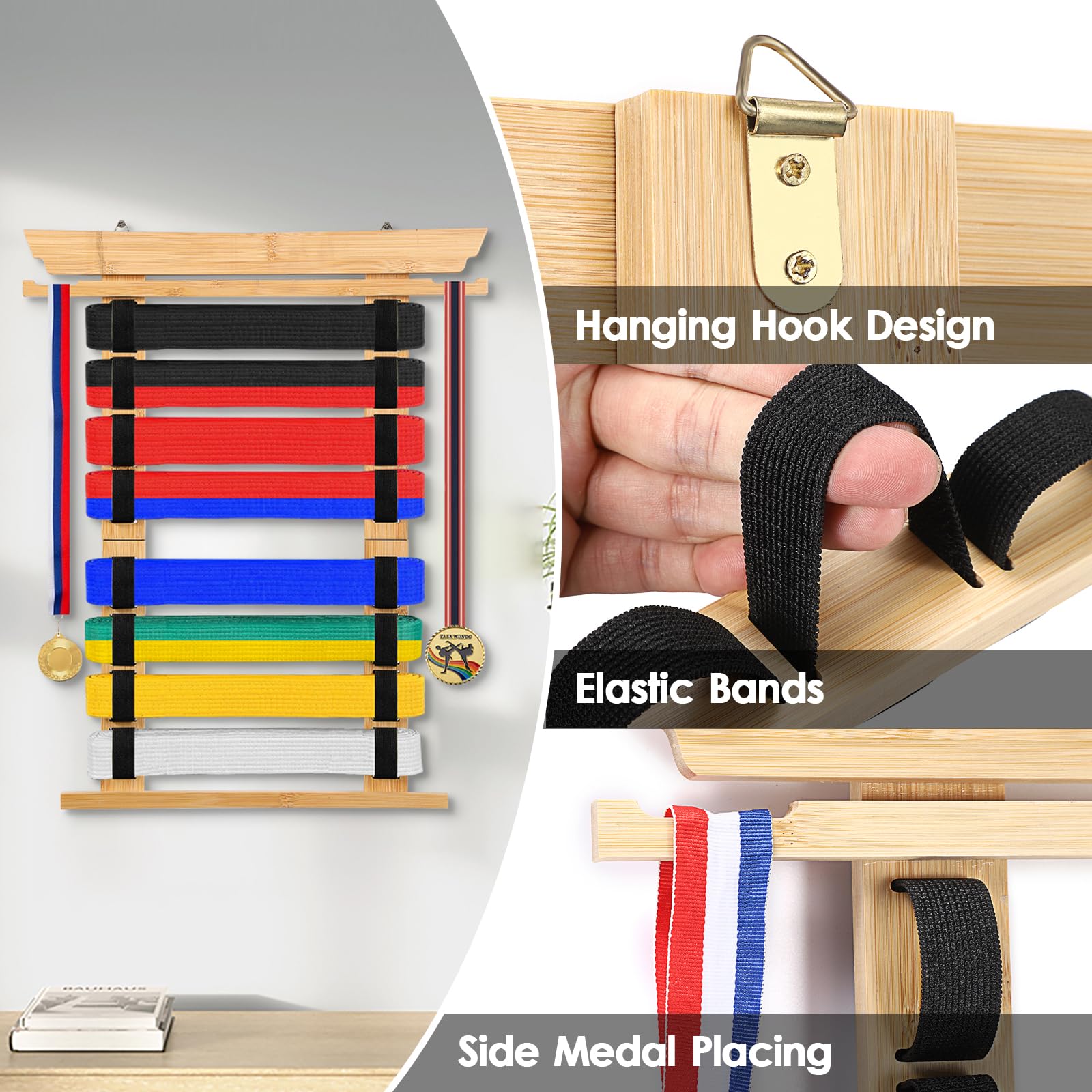 Rangement Ceintures Sport Support Mural Pour Ceintures Arts Martiaux SUMNACON - Organisateur 12 Ceintures, Feutre, Avec Barre Médailles Organisateur Mural Ceintures