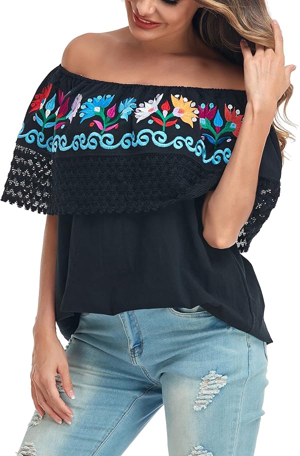 YZXDORWJ Women Mexican Embroidered Off-Shoulder Shirt Lace Falbala Top (M, 346BK) by YZXDORWJ - Used condition - Image 3