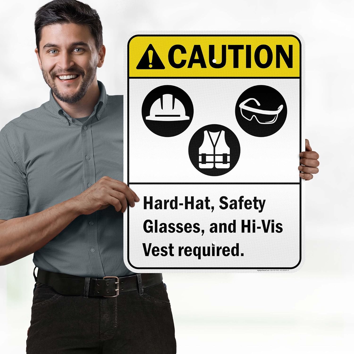 Caution Hard Hat Hi Vis Vest And Safety Glasses Required Sign, 18x24 Inches, 3M EGP Reflective .080 Aluminum, Fade Resistant, Made in USA by My Sign Center