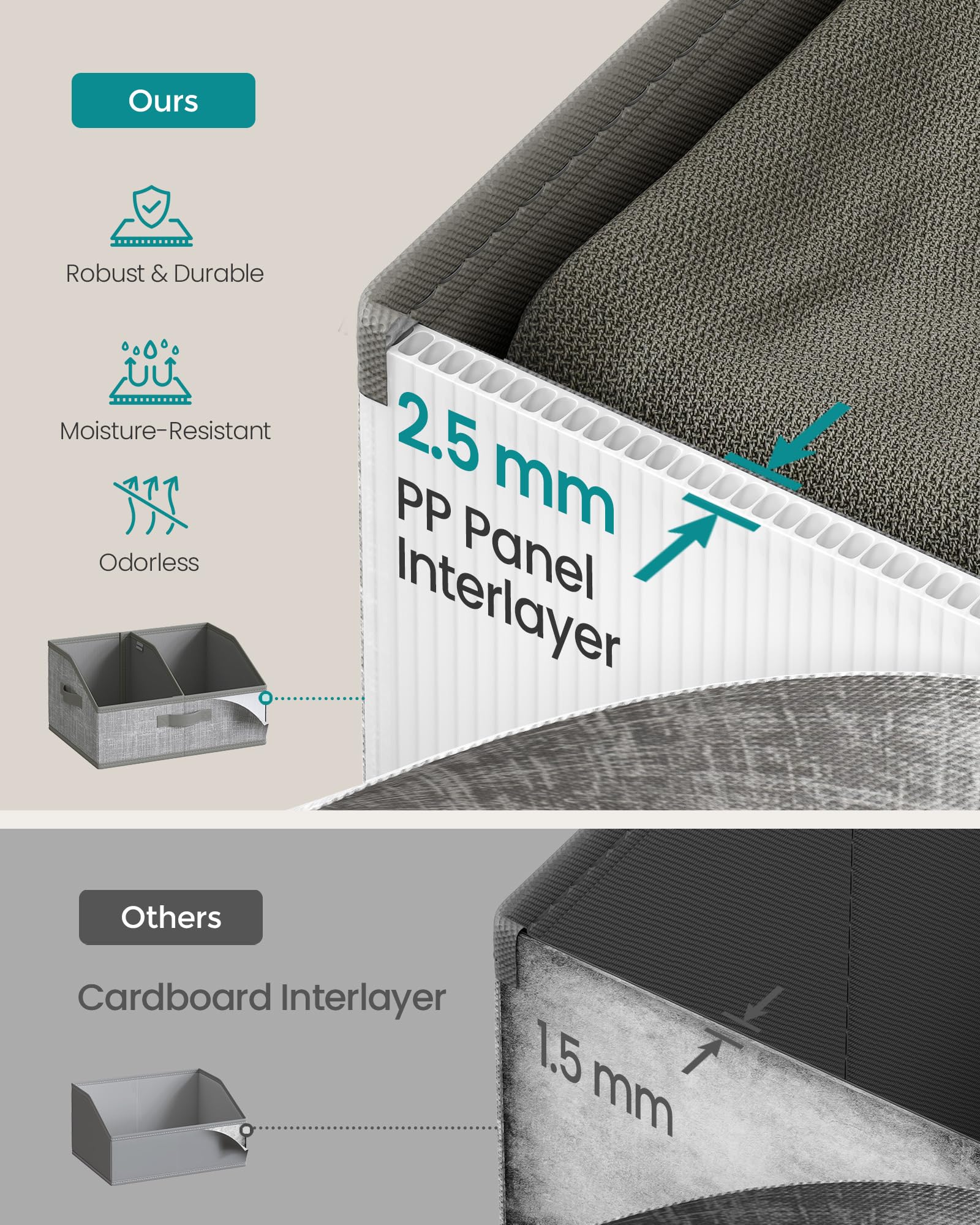 SONGMICS Set di 6 cestini portaoggetti, pieghevoli, scatole in tessuto, 40 x 30 x 20 cm, organizer per armadio, 3 manici, per camera da letto, soggiorno, grigio torta, URFB0140G01