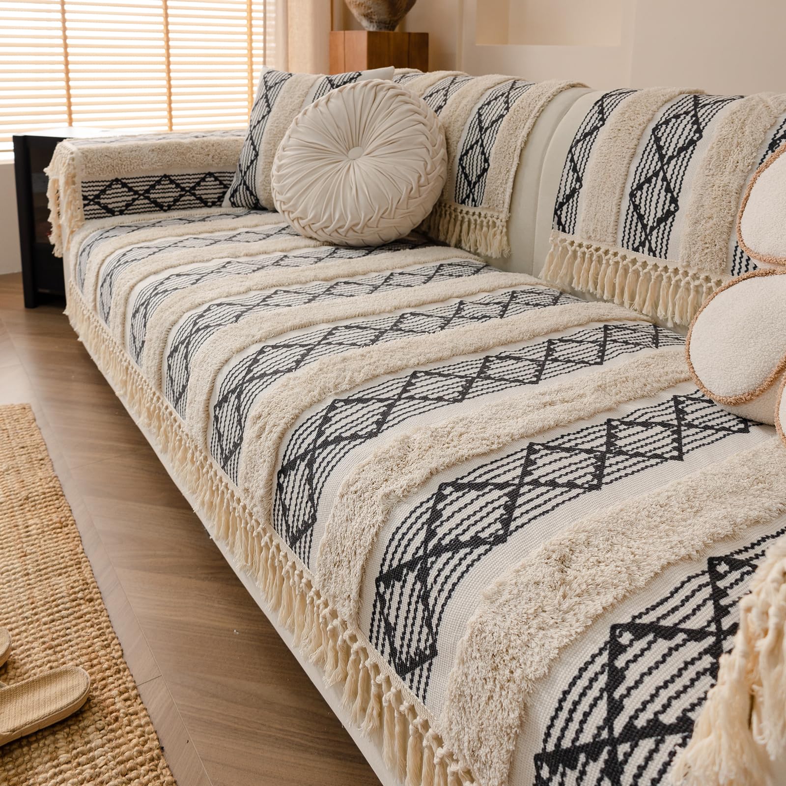 vctops Boho Cotton Linen Sofa Cover with Handmade Tassels Farmhouse Rustic Thick Tufted Setcional Couch Covers Non-Slip Soft Sofa Slipcover Washable