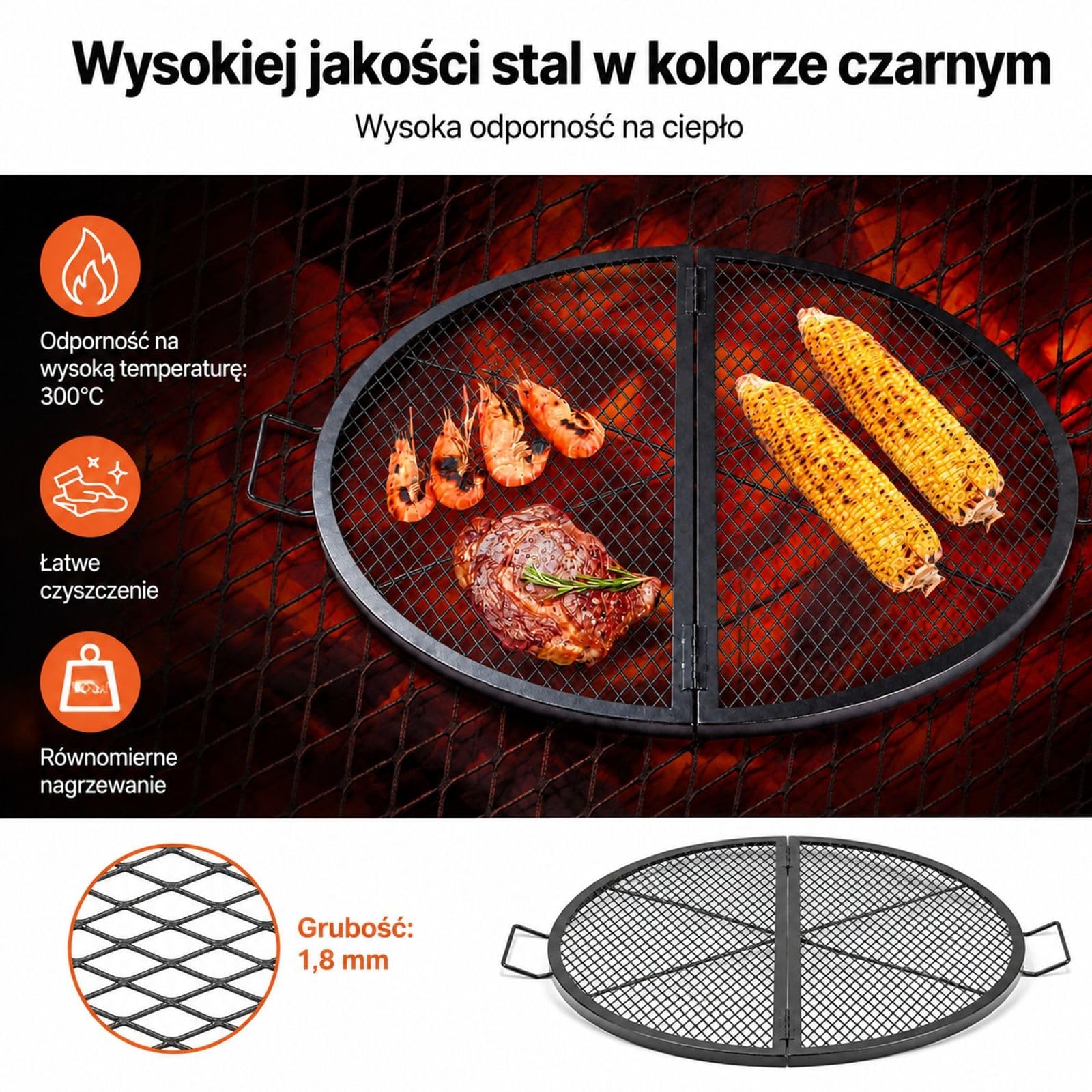 Okrągły stalowy ruszt do paleniska, składana kratka BBQ w kształcie X z uchwytem i podporą na kemping, taras oraz gotowanie na zewnątrz, czarny
