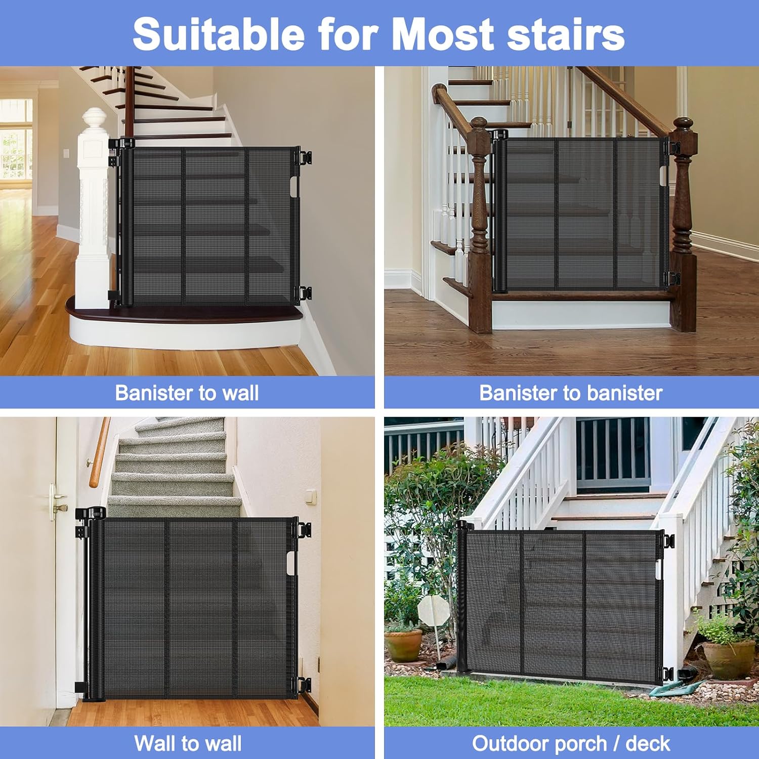 Reinforced Retractable Dog Gate for Stairs 55 Inch Adjustable Brackets and Detachable Latches Retractable Baby Gate Retractable Mesh Gate for Kids and Pets Banister to Banister Mesh Pet Gate for Stair