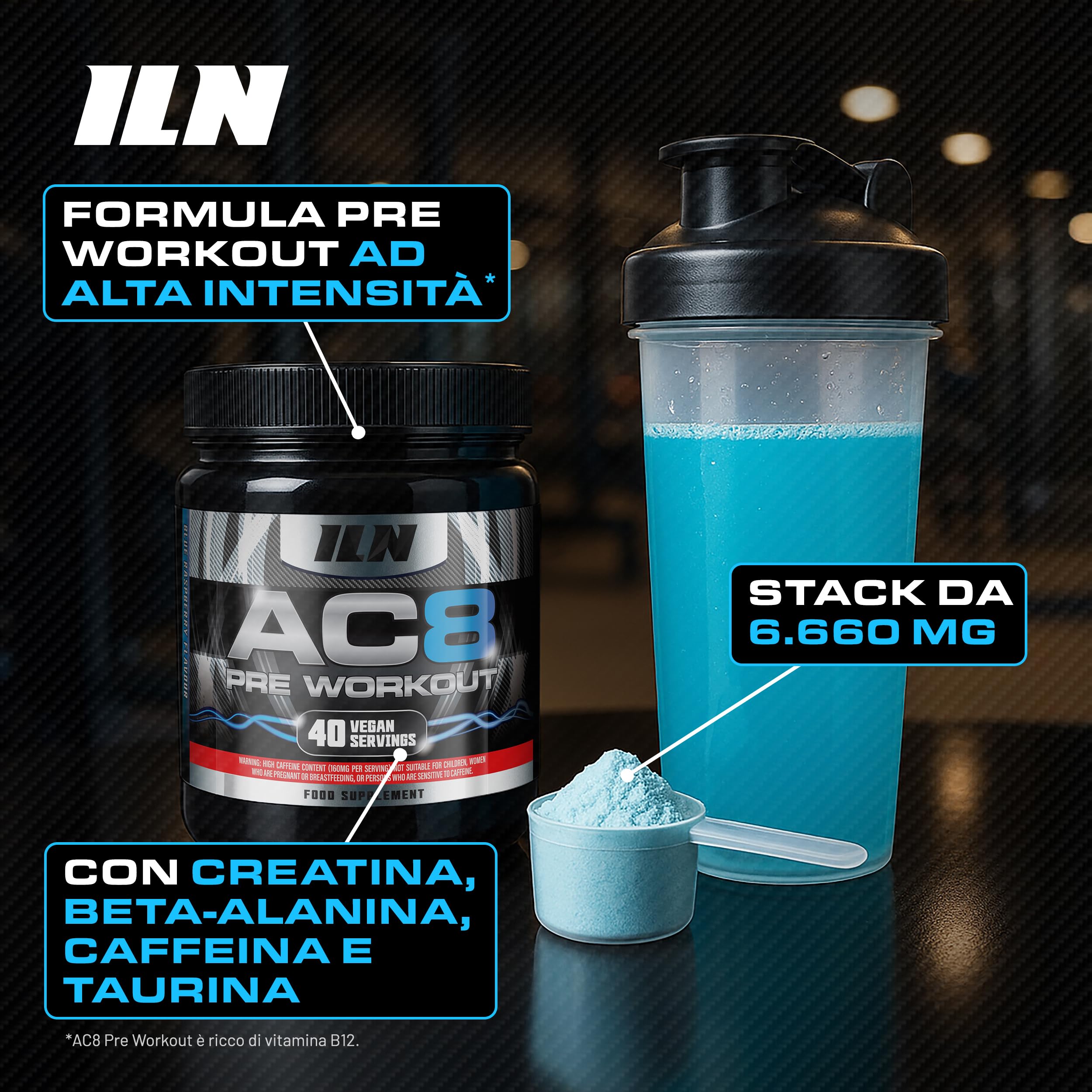 AC8 Pre Workout Blue Raspberry 360 g - preworkout potente con creatina, caffeina e vitamina B12 - fino a 6.660 mg per porzione - per uomini e donne